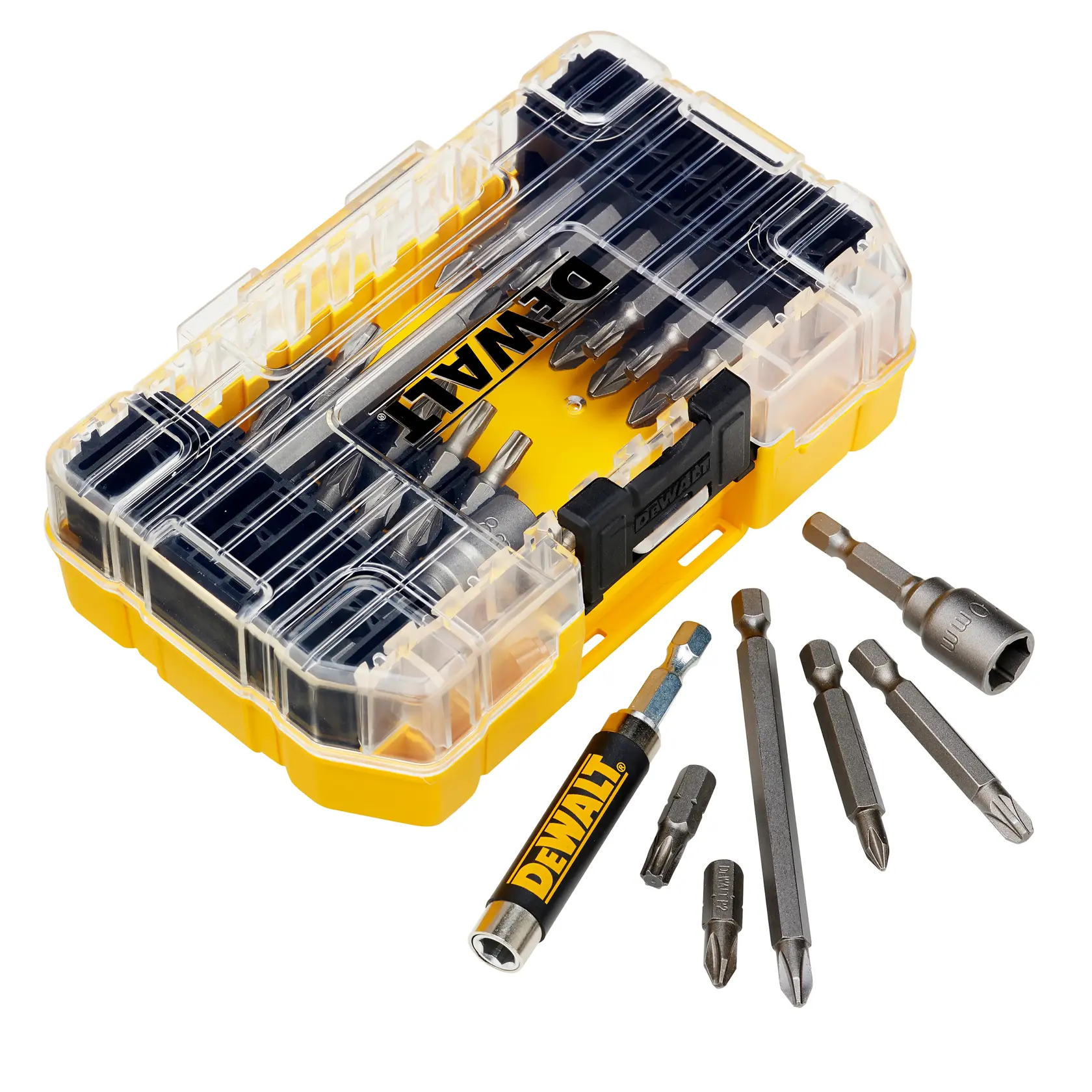 Set di inserti DEWALT DT70702 in custodia gialla con coperchio trasparente e sei punte per avvitatori.