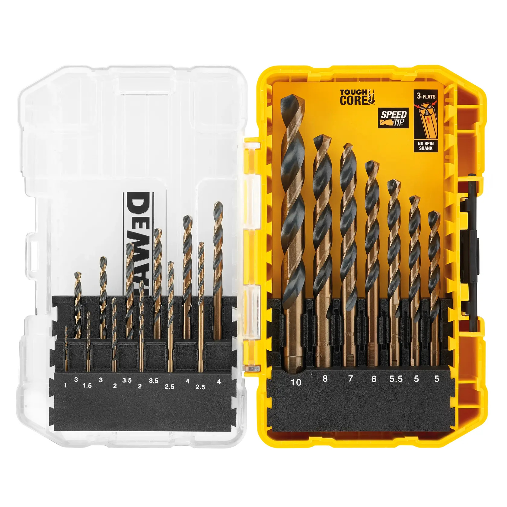 Set di punte DEWALT in custodia gialla e trasparente, varie misure visibili e etichettate.
