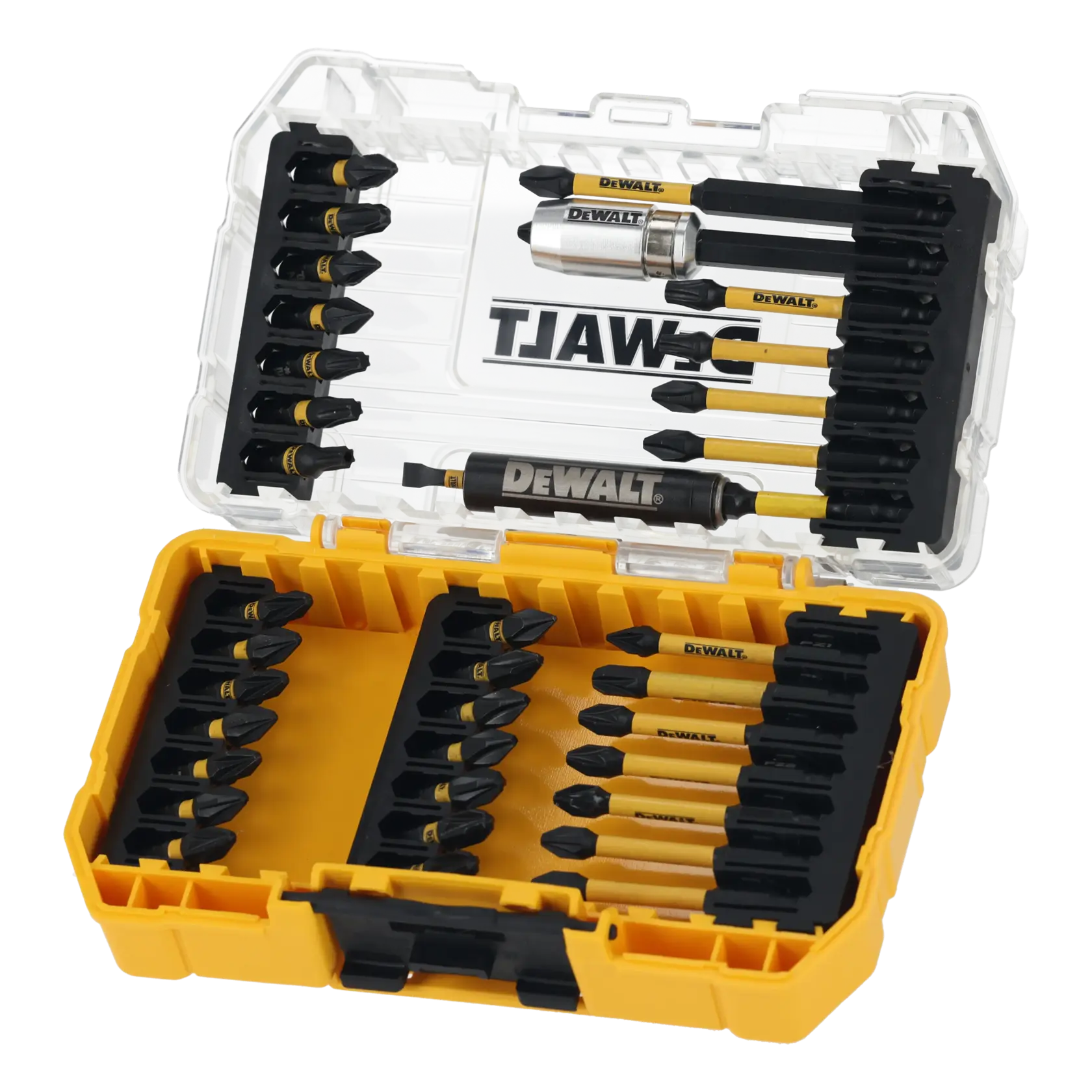 Set di bit DEWALT DT70731T in custodia gialla con diversi inserti e supporti.