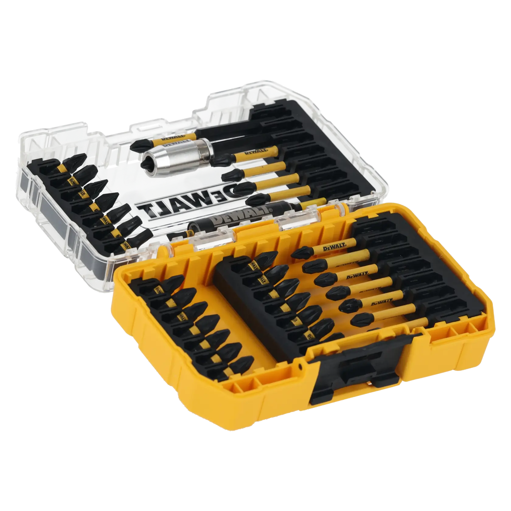 DEWALT DT70731T confezione gialla aperta con bit e accessori per cacciavite assortiti visibili.