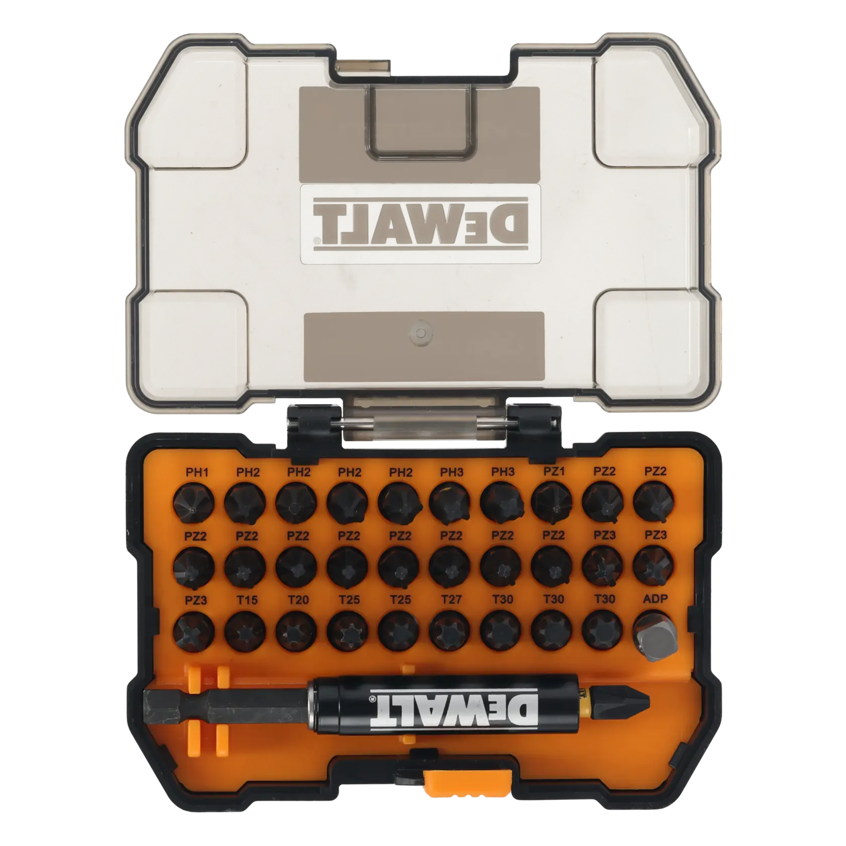 Set punte DEWALT in scatola DT70900T, DT70900T-QZ, fotografia, punte e porta magnetico.