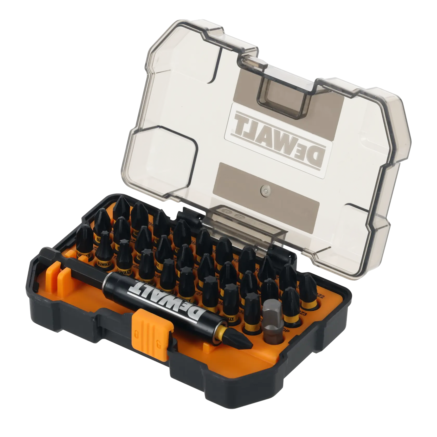 Set di bit DEWALT in custodia, SKU DT70900T, DT70900T-QZ, con vari inserti e portabit.
