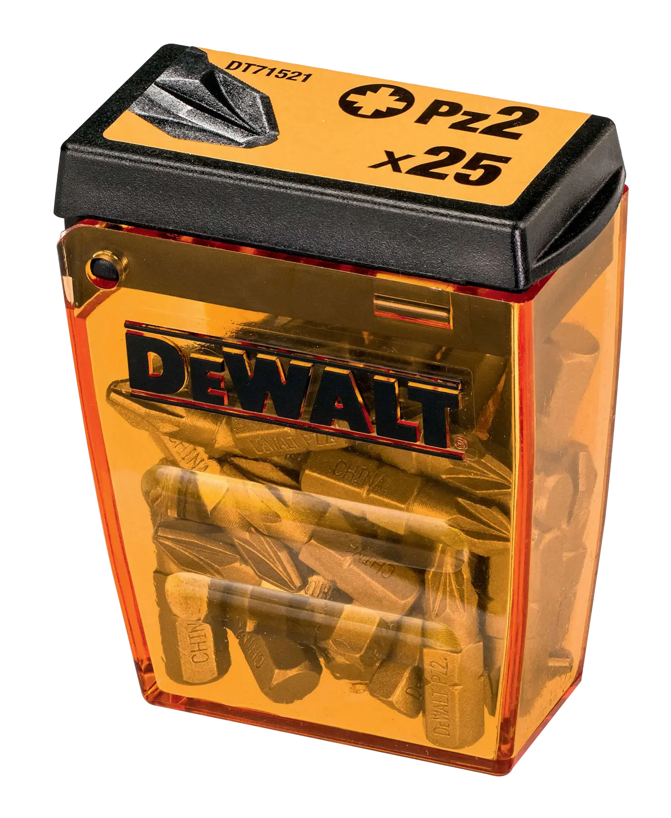 Scatola DEWALT DT71521 con 25 inserti PZ2 per avvitatore in custodia arancione.