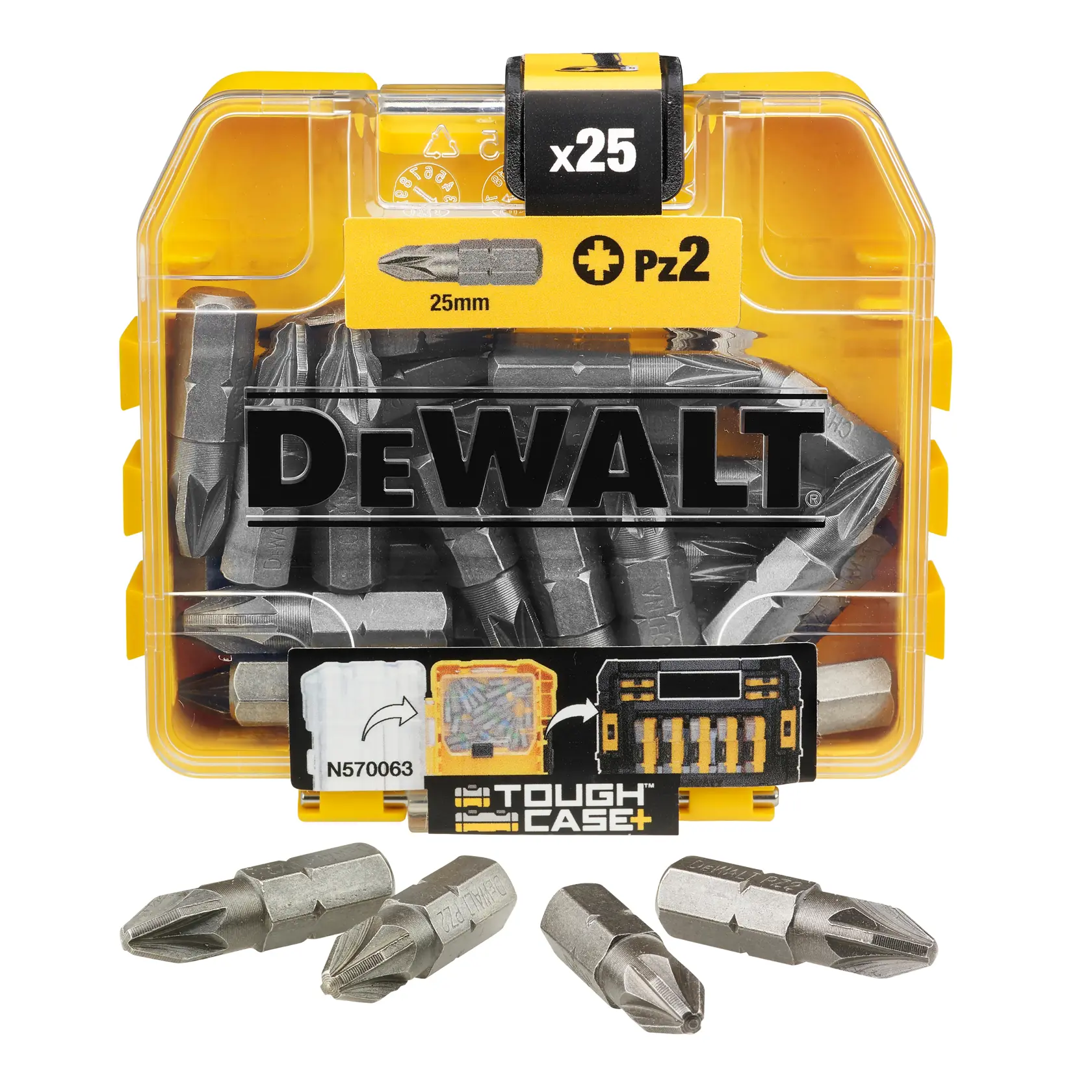 Set DEWALT 25 punte PZ2 da 25mm in custodia gialla resistente.