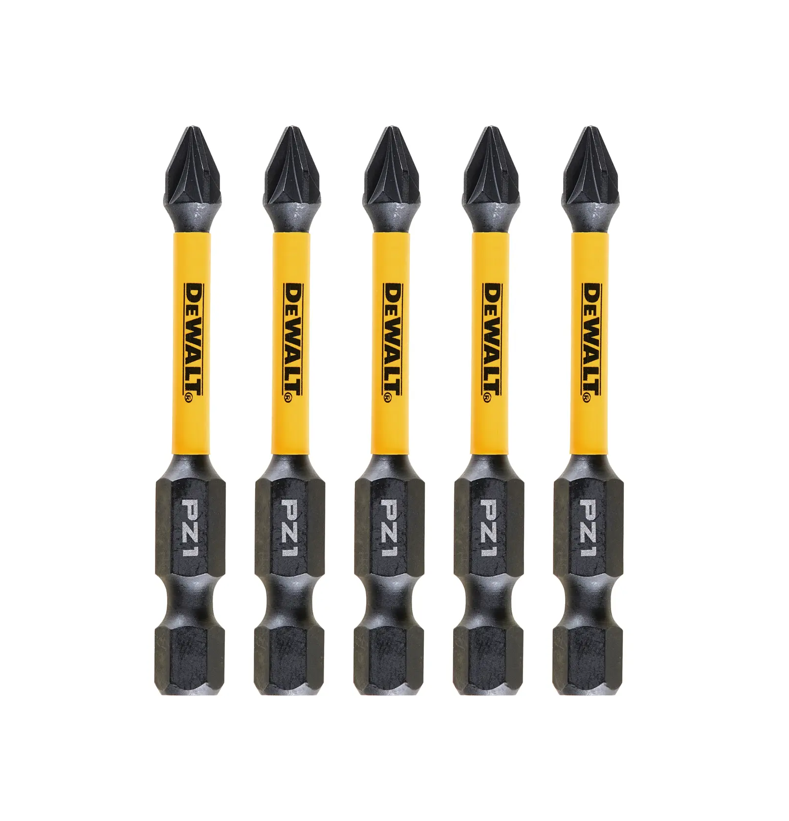 Five DEWALT PZ1 screwdriver bits, yellow and black, vertically arranged against a white background.