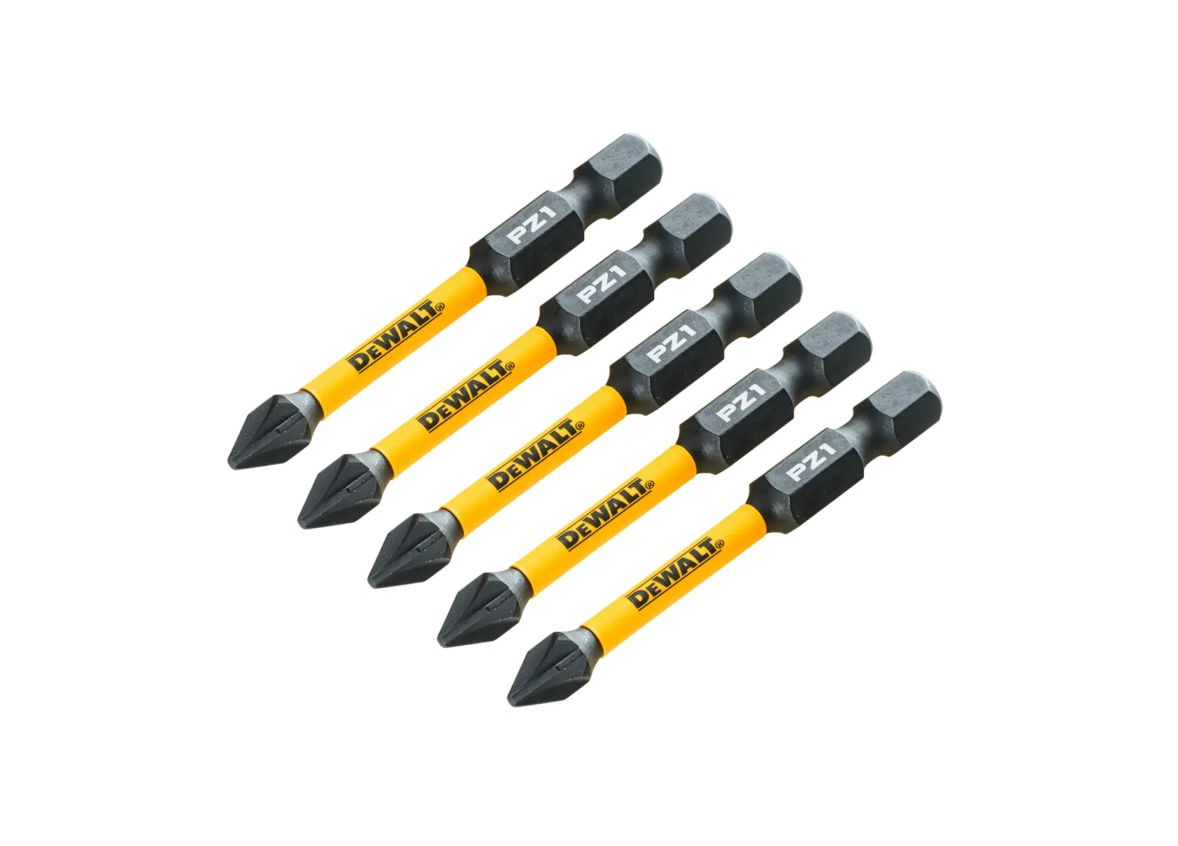 Five DEWALT PZ1 screwdriver bits with yellow shafts, arranged side by side on a white background.