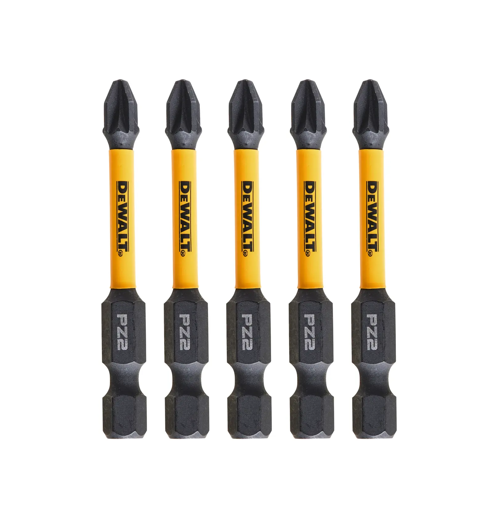 Five DEWALT PZ2 screwdriver bits with yellow shafts and black tips arranged upright in a row.