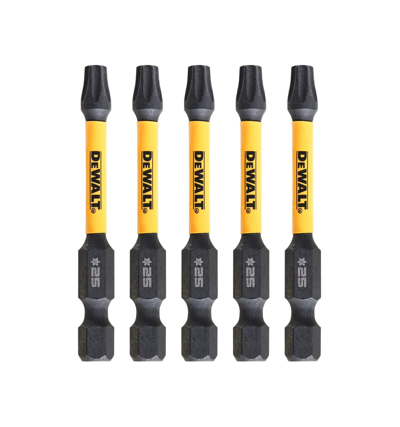 Five DEWALT Torx screwdriver bits with yellow shafts and black tips shown in a row on a white background.