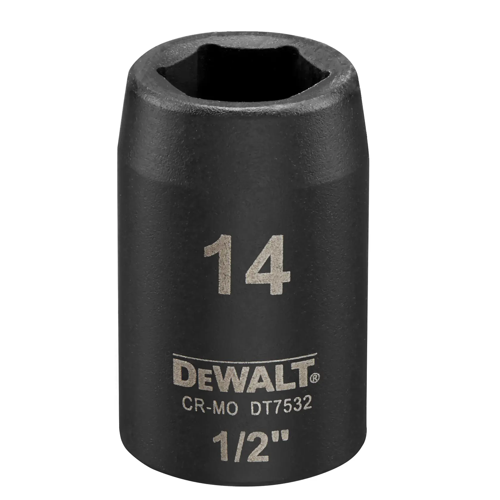 DEWALT DT7532 14mm Schlag-Steckschlüssel, schwarz, mit sichtbarer 1/2-Zoll Aufnahme.