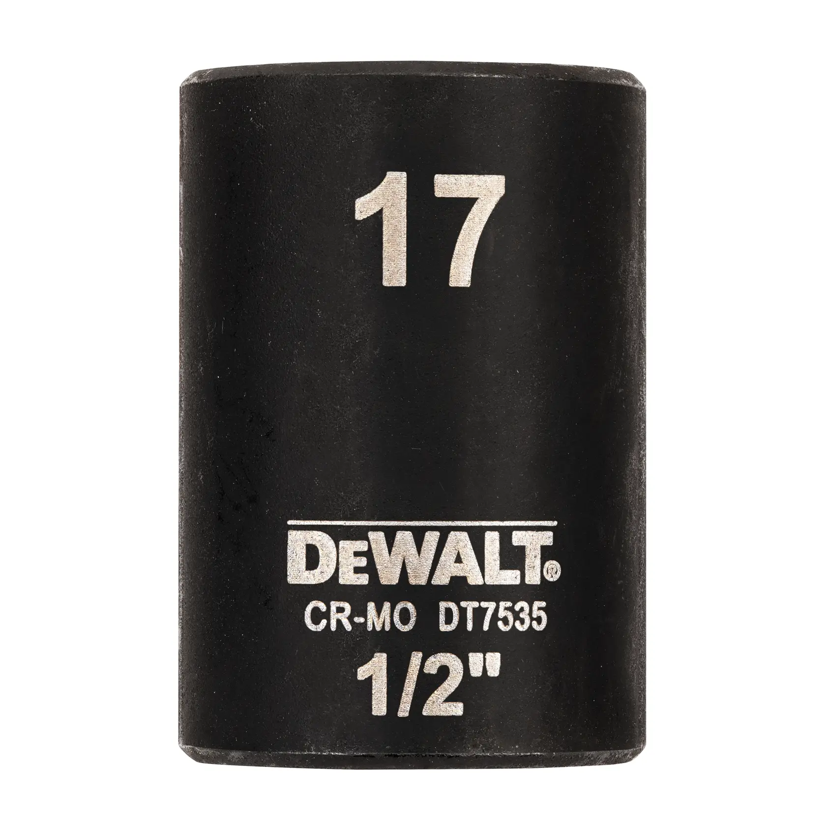 DEWALT DT7535 17mm 1/2 Zoll schwarze Stecknuss für Schlagschrauber, weiße Beschriftung sichtbar.