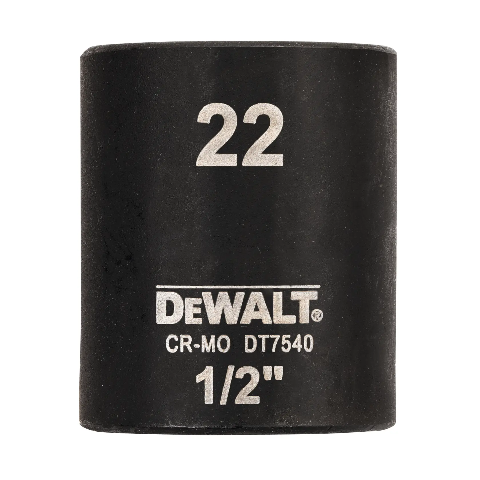 DEWALT DT7540 1/2 Zoll Steckschlüssel, Größe 22, aus CR-MO Stahl, schwarze Zylinderform.