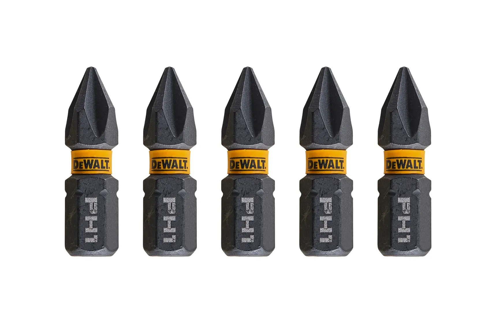 Five DEWALT PH1 screwdriver bits with black and yellow design, aligned in a row on a white background.