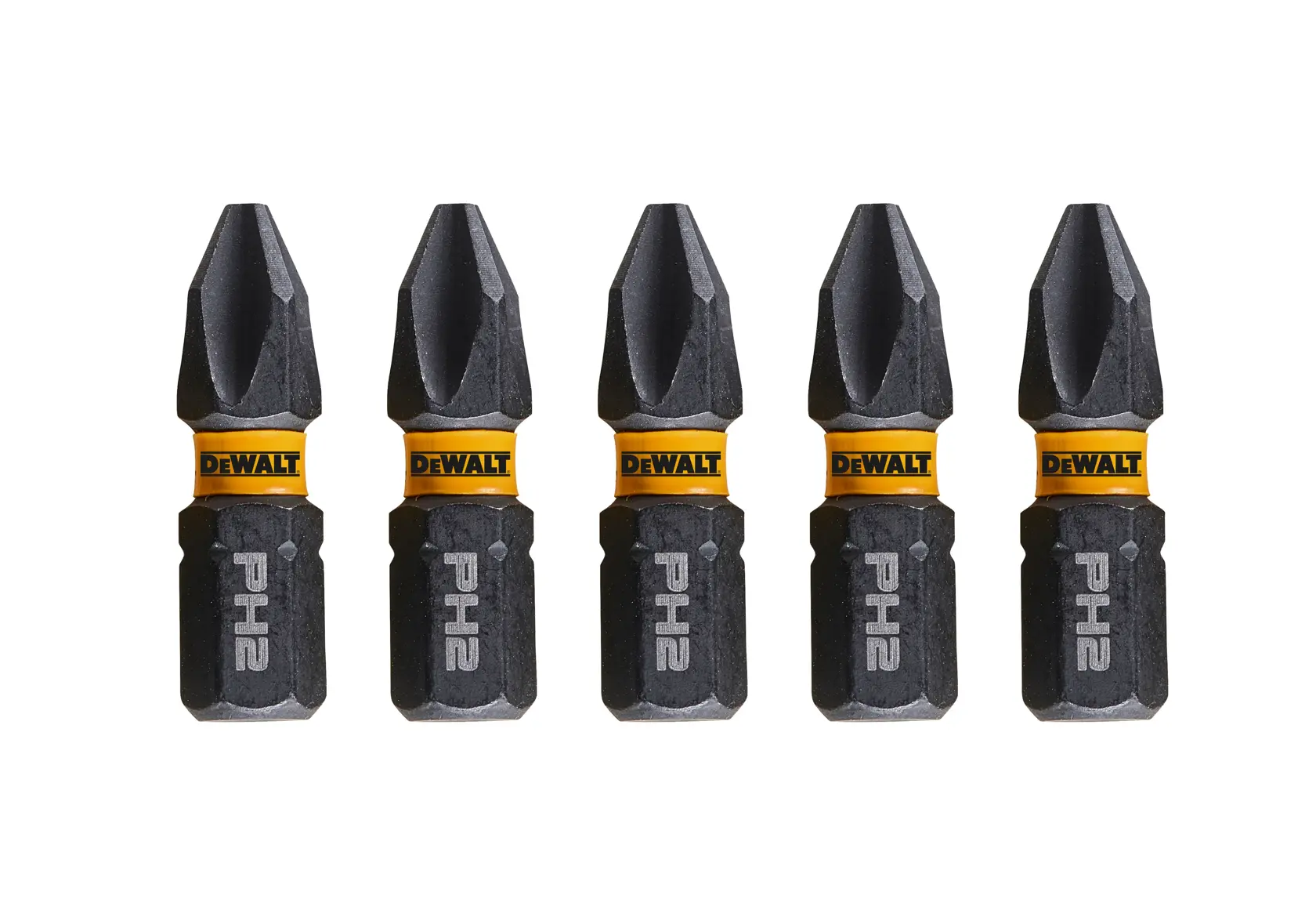 Set of five DEWALT PH2 screwdriver bits with yellow branding, arranged in a row on a white background.