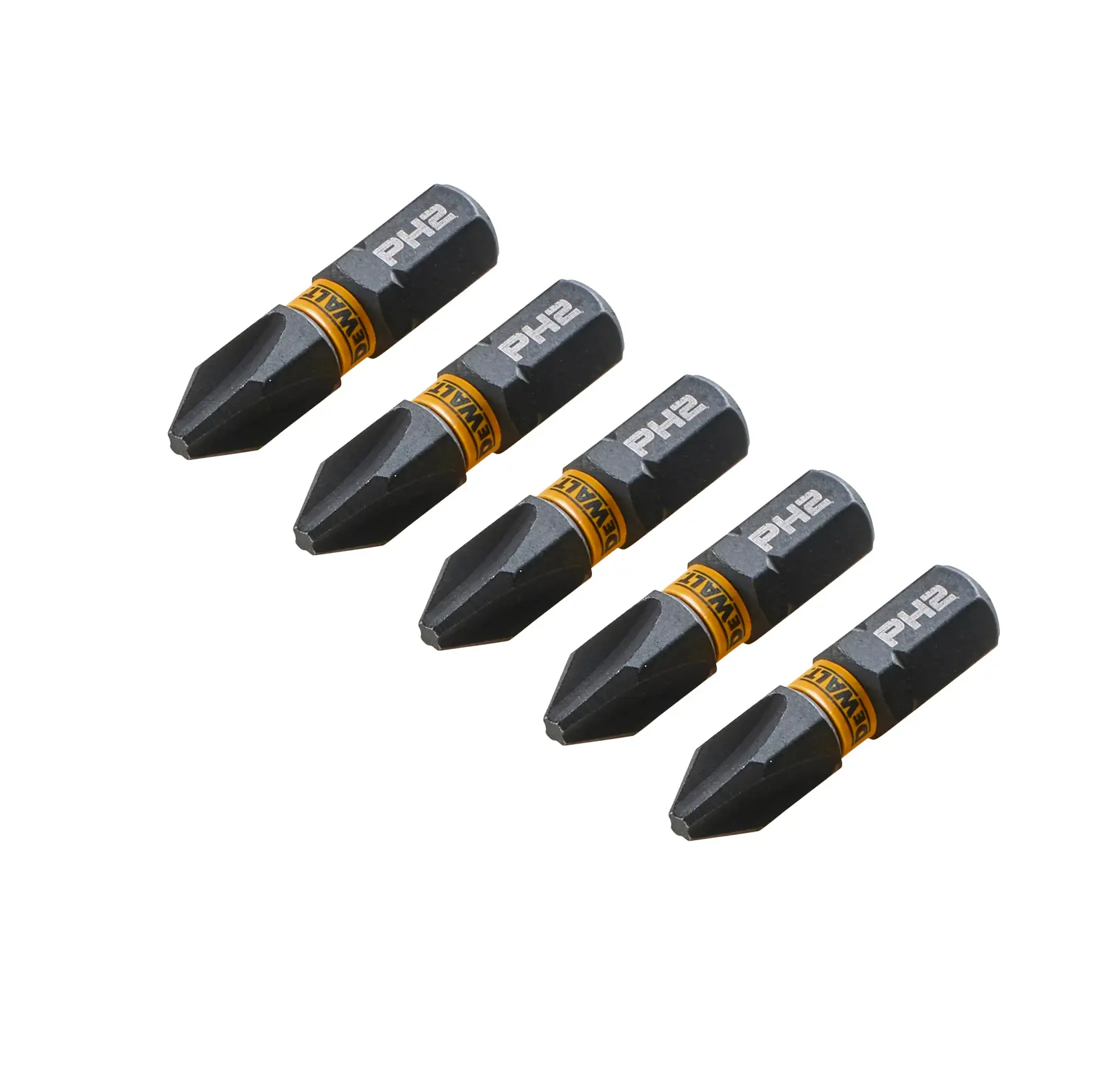 Five DEWALT PH2 screwdriver bits with yellow bands, arranged diagonally on a white background.