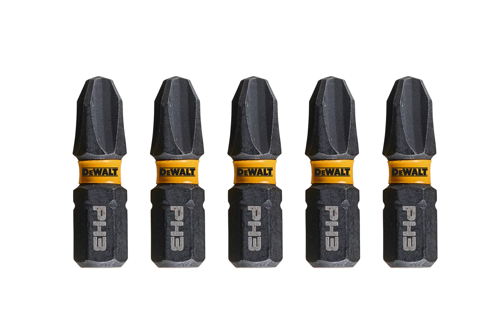 Five DEWALT PH3 screwdriver bits aligned upright on a white background.