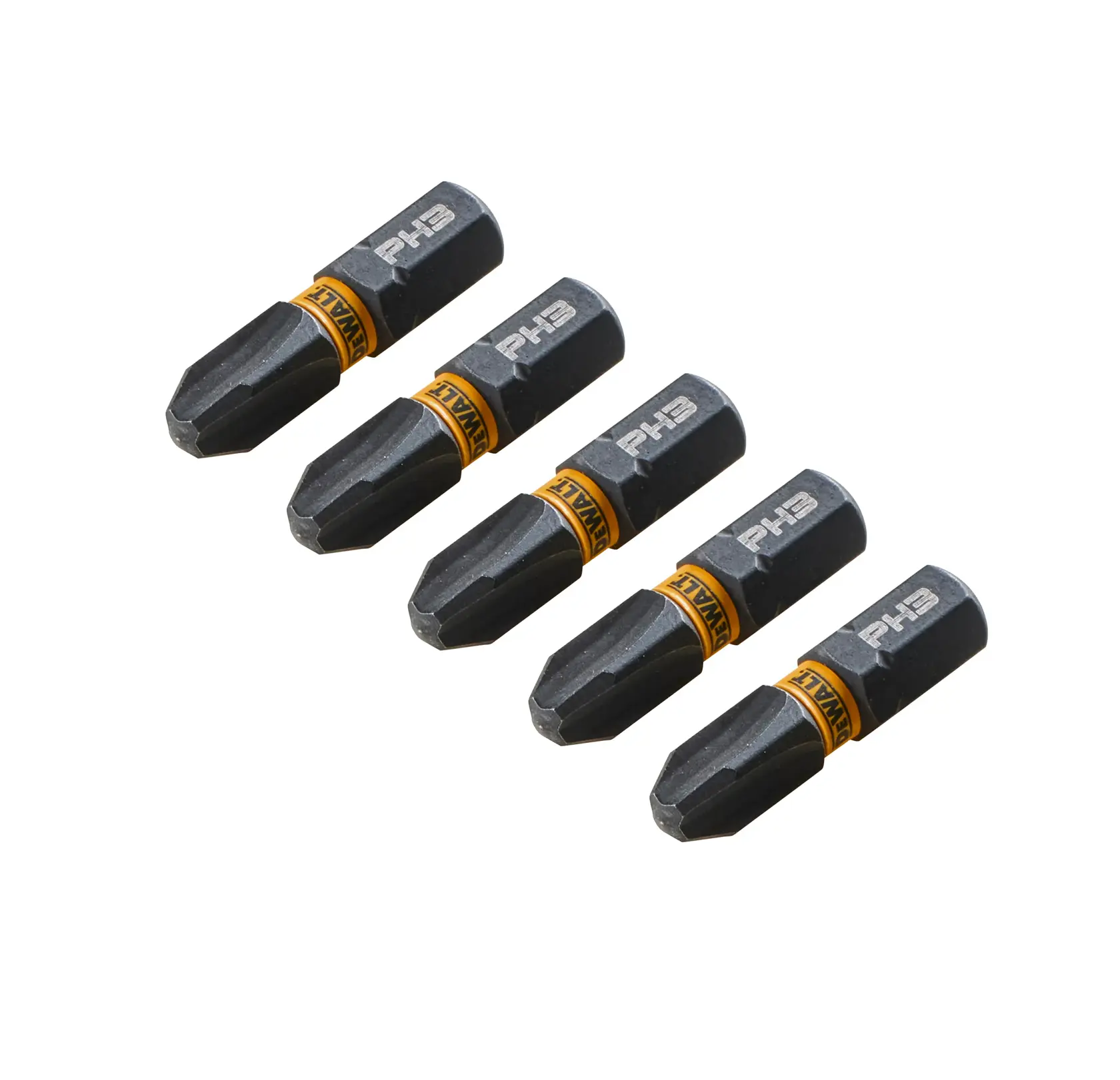 Five DEWALT PH3 screwdriver bits with yellow branding, arranged diagonally on a white background.