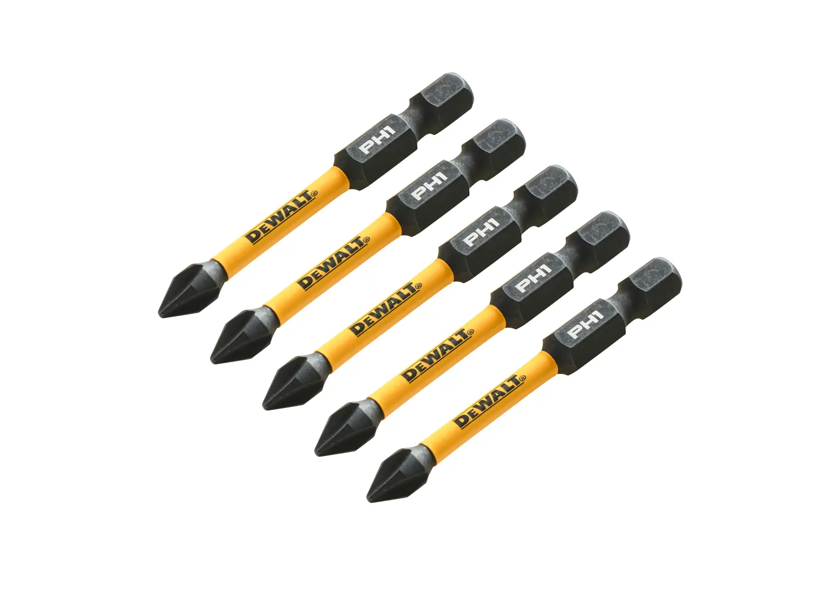 Set of five DEWALT PH1 screwdriver bits with yellow handles, arranged diagonally on a white background.