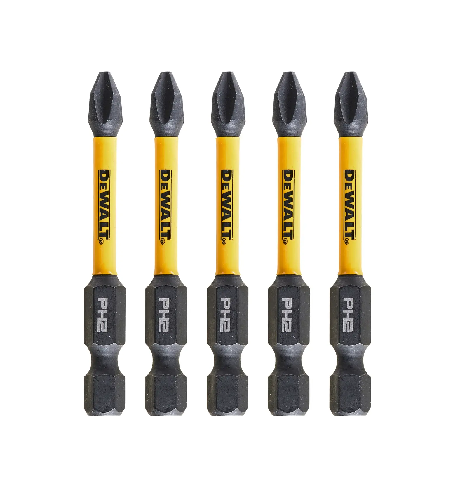 Five DEWALT PH2 screwdriver bits with yellow shafts and black tips arranged side by side on a white background.
