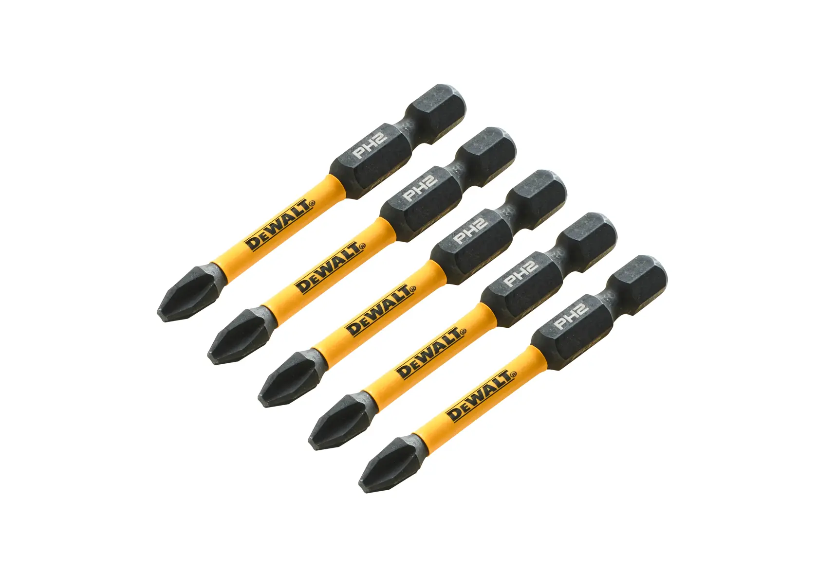 Five DEWALT PH2 screwdriver bits with yellow shafts displayed in a row on a white background.