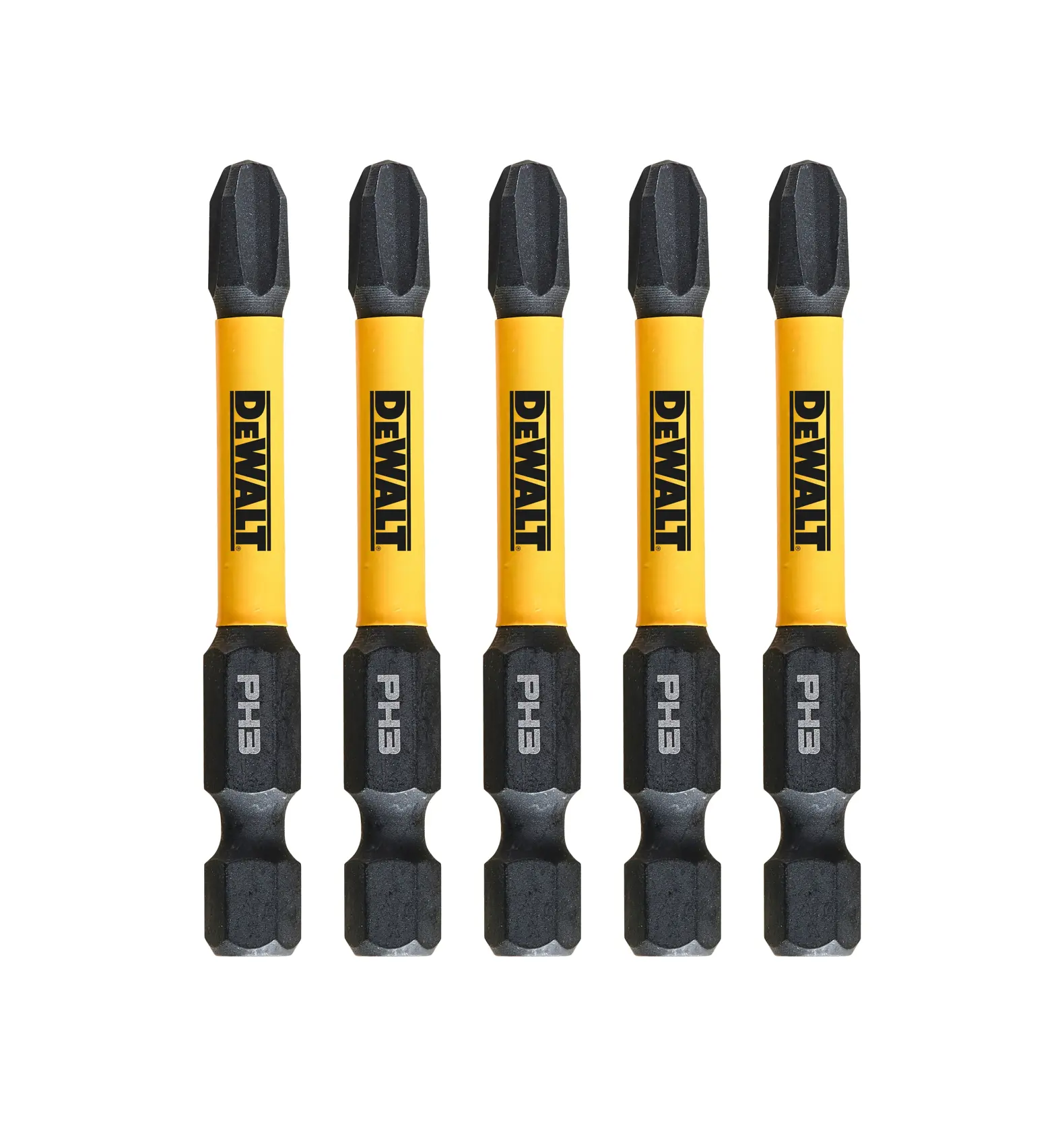 Five DEWALT PH3 screwdriver bits with yellow shafts, arranged vertically, for power tools.