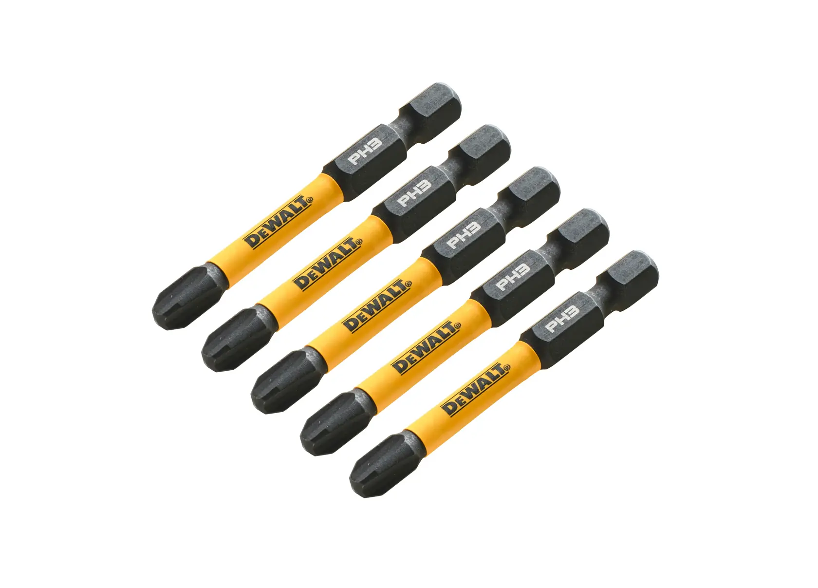 Five yellow DEWALT PH3 screwdriver bits are arranged diagonally on a white background.