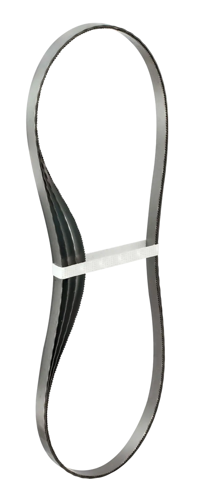 Lama per sega a nastro DEWALT DT8461 in metallo con fascetta bianca su sfondo bianco.