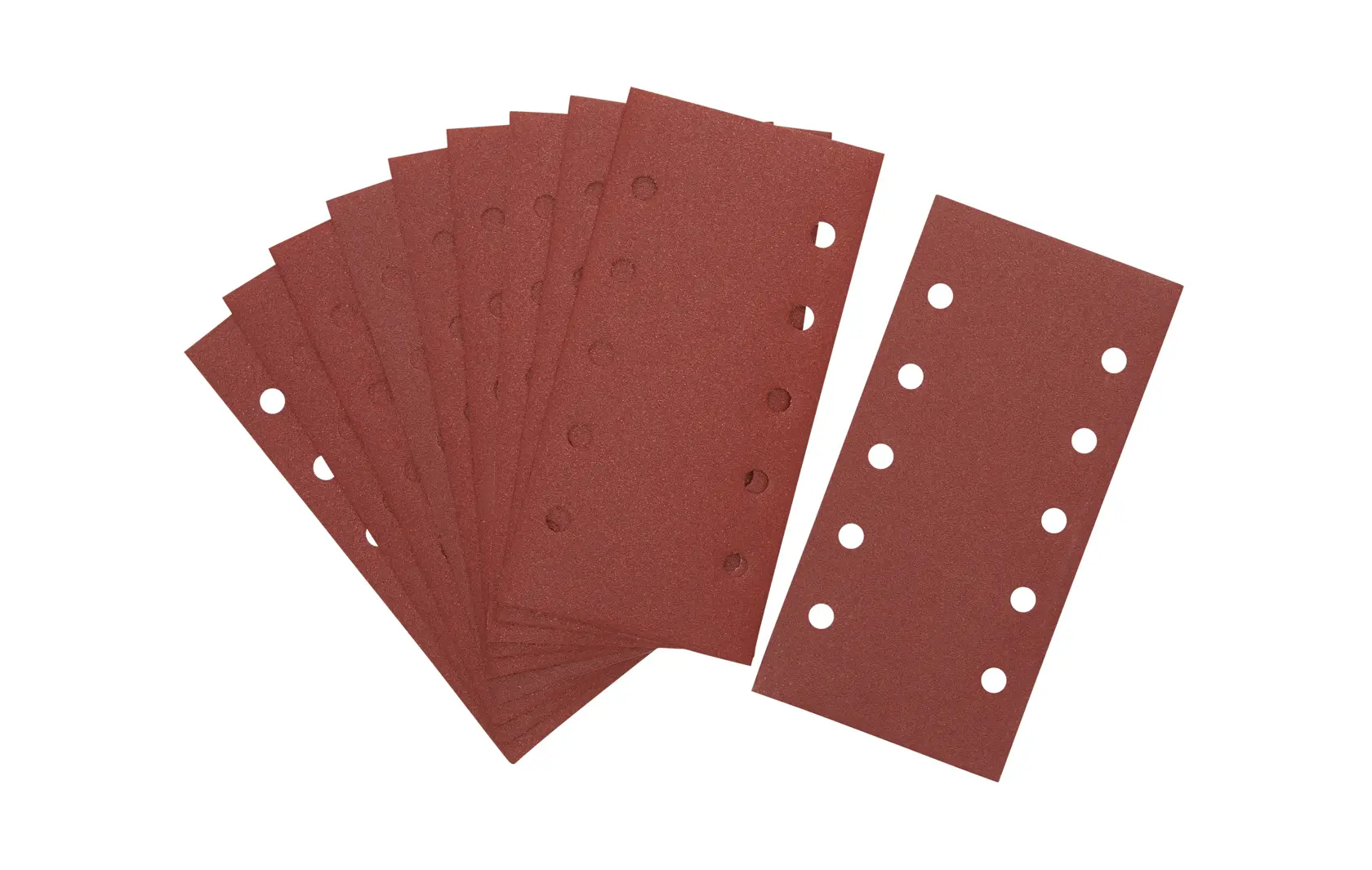 Juego de hojas de lija DEWALT rectangulares con agujeros, aptas para lijadoras, sobre fondo blanco.