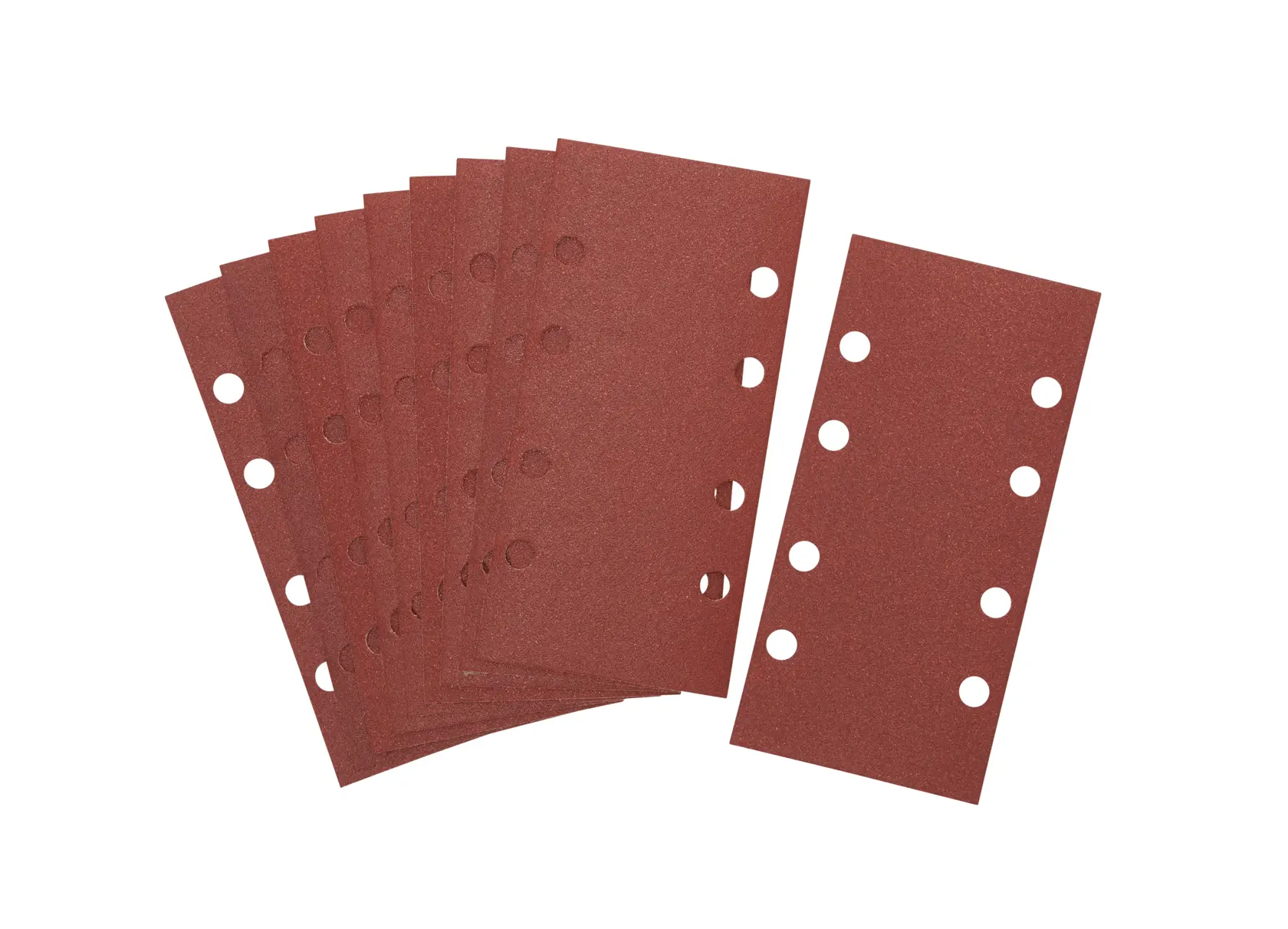 Pila de hojas de lija rectangulares con agujeros, para lijadoras, mostradas sobre fondo blanco.
