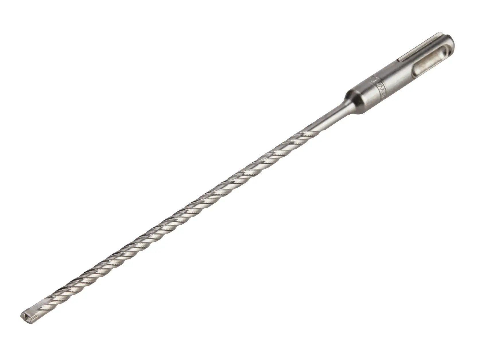 A long, silver DEWALT SDS drill bit with spiral fluting, shown upright on a white background.