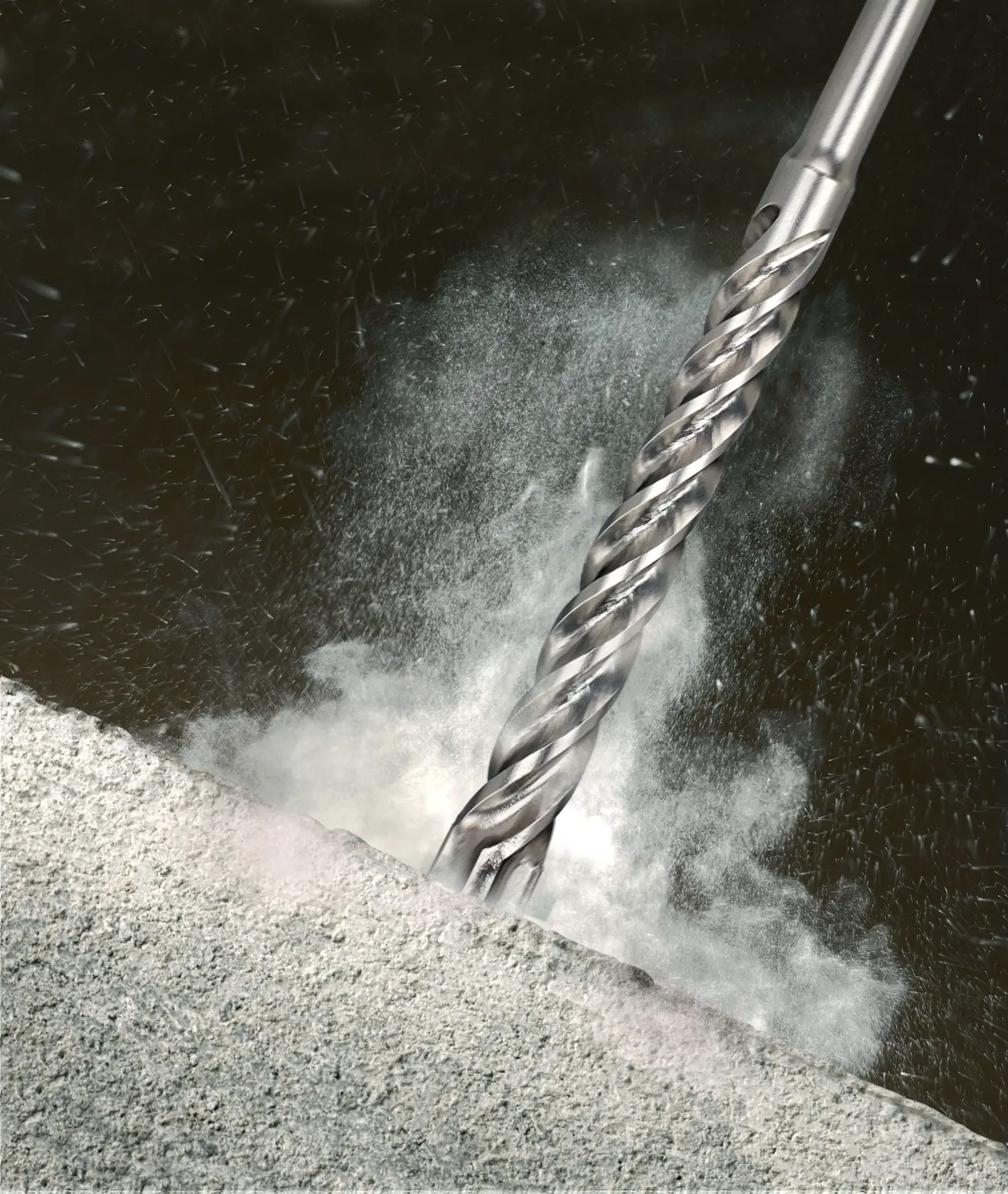 DEWALT DT8912, DT8912-QZ drill bit boring into concrete, with dust flying. Photography product image.