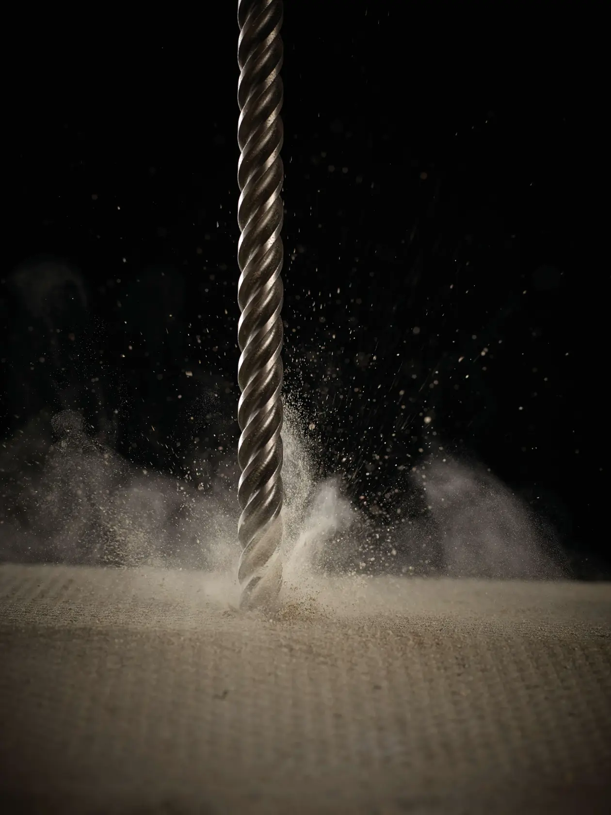 A DEWALT spiral drill bit creates dust as it drills into a solid surface, shown against a dark background.