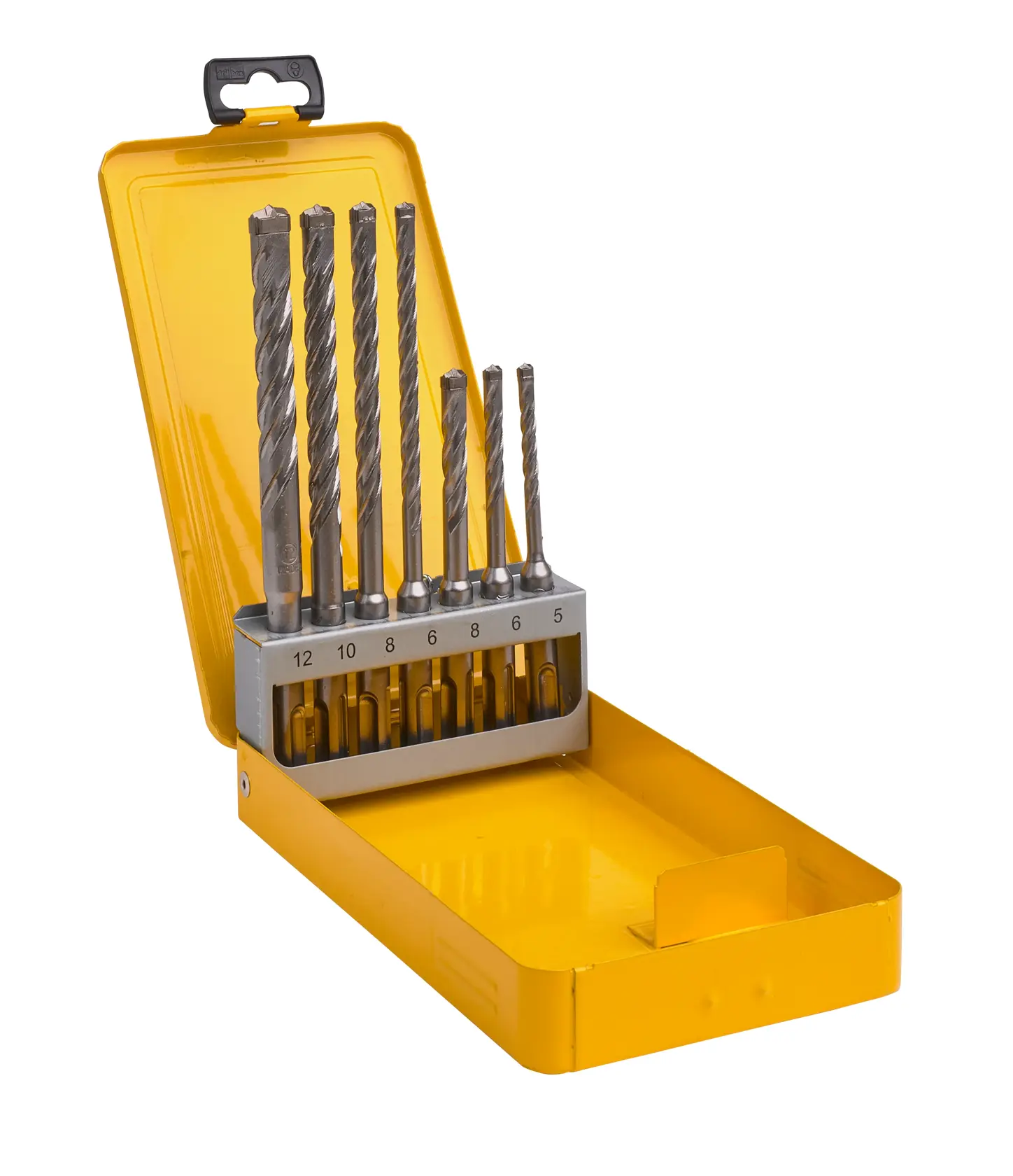 Caja amarilla DEWALT con brocas surtidas, tamaños 5-12, soporte, tapa abierta.