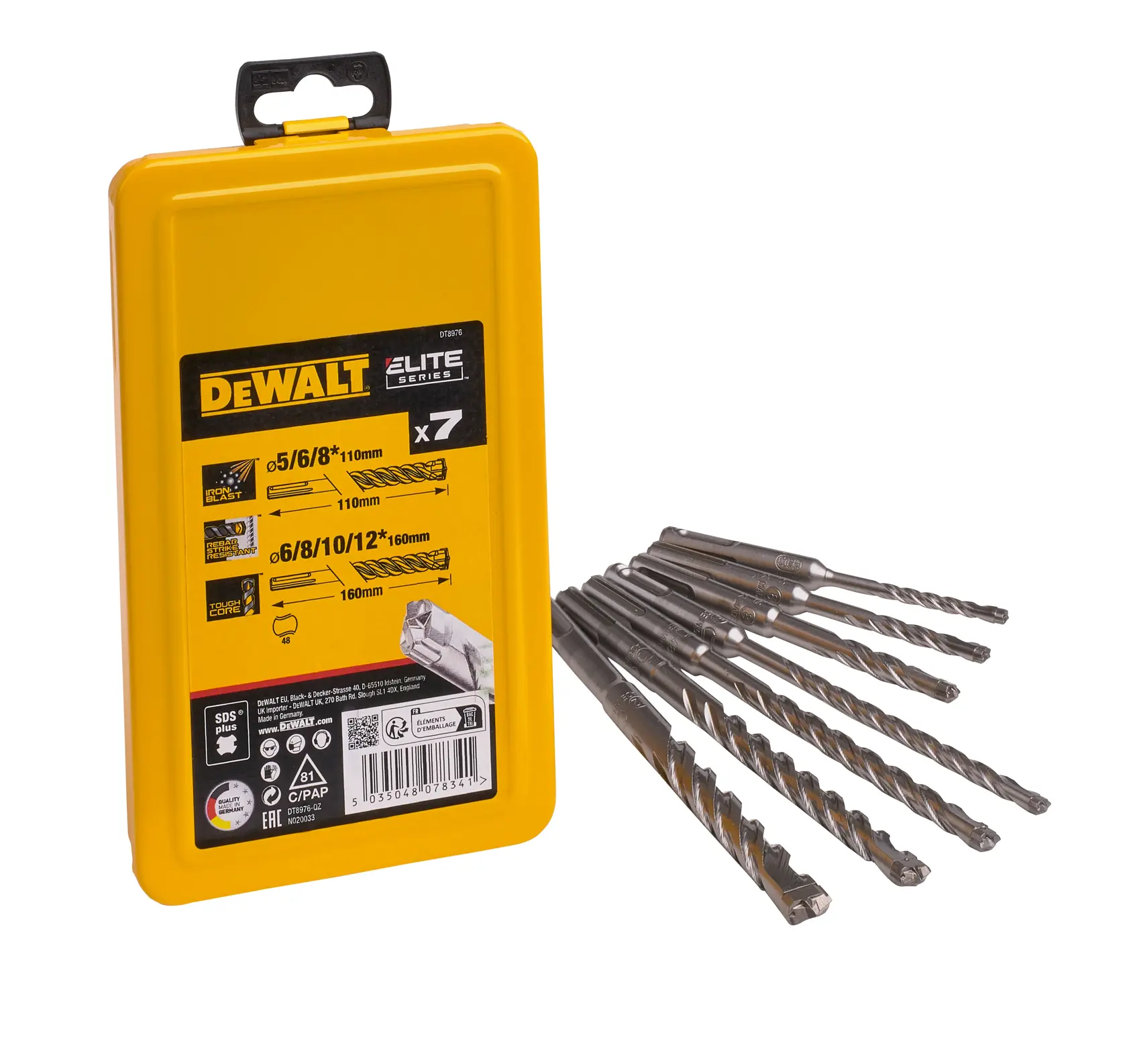 DEWALT Elite Series, caja amarilla con 7 brocas metálicas al lado, set DT8976 SDS-plus.