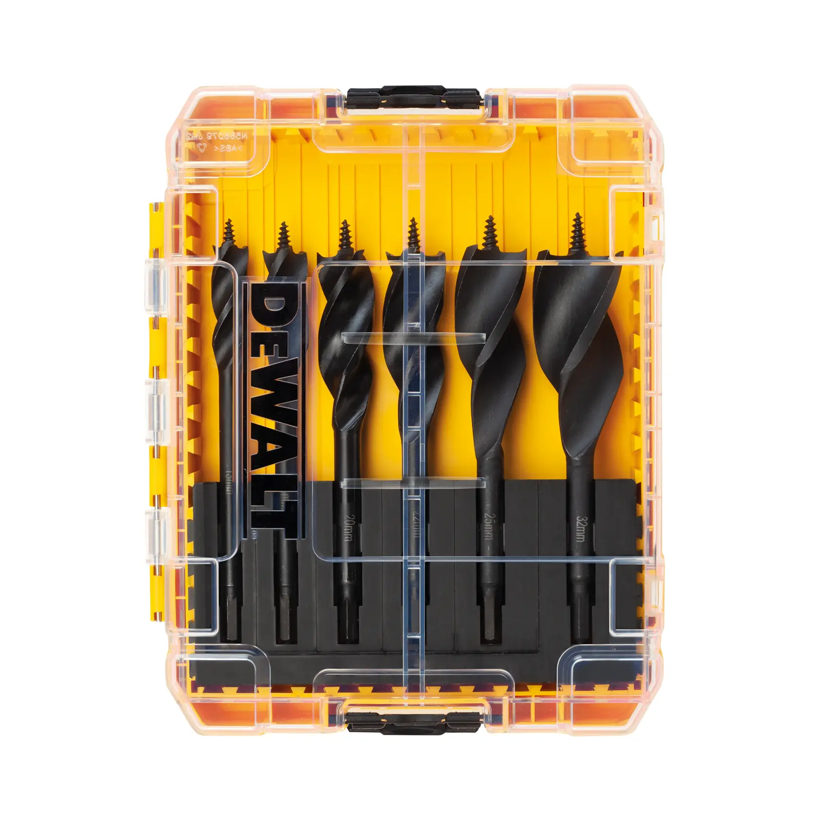 Set punte DEWALT in custodia gialla trasparente, cinque punte per legno in verticale.