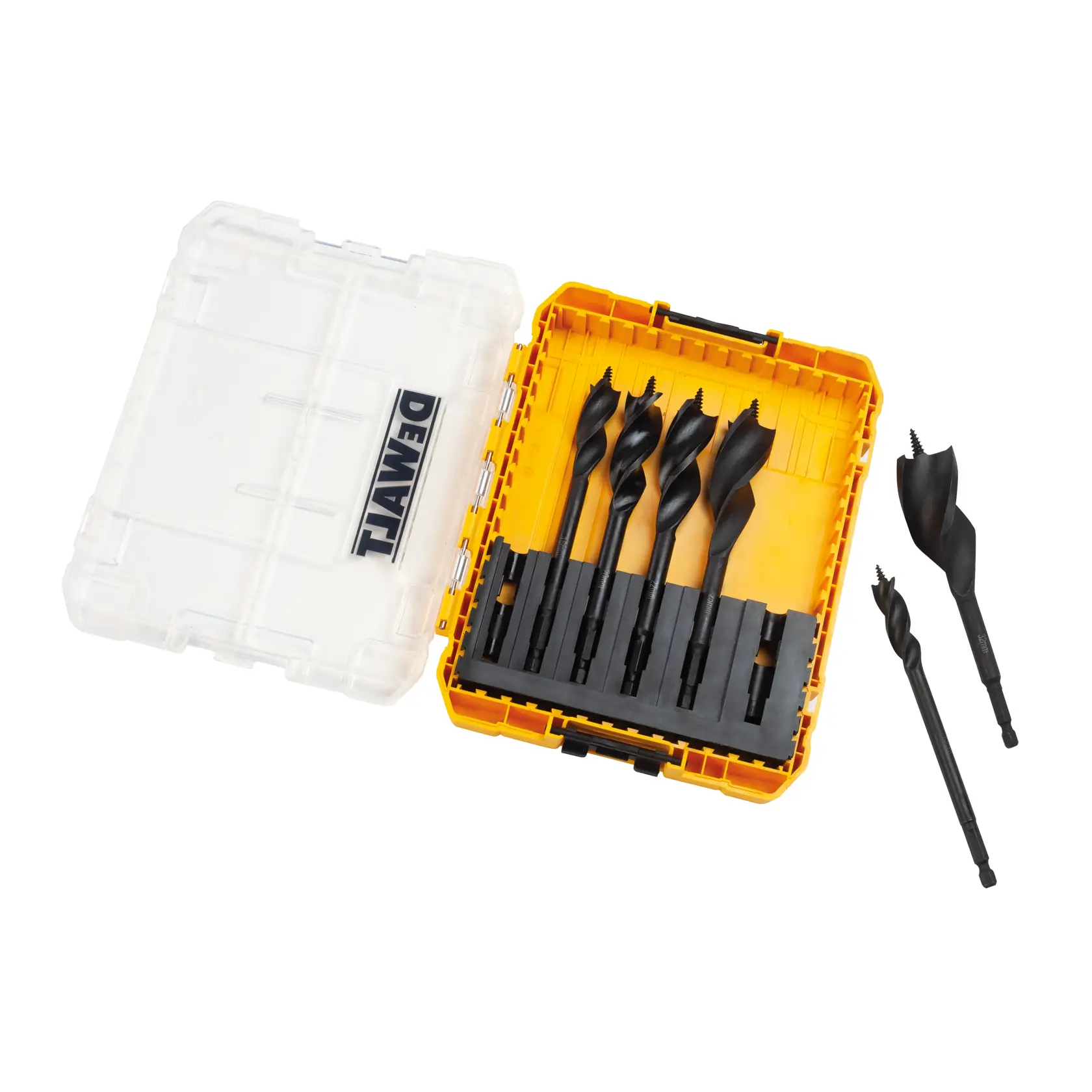 Set DEWALT con sei punte nere in custodia gialla e trasparente, due punte fuori, logo visibile.