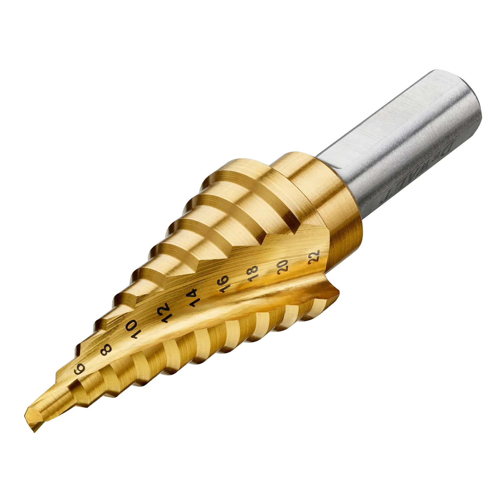 Punta trapano a gradini DEWALT con rivestimento dorato e misure per diversi diametri.