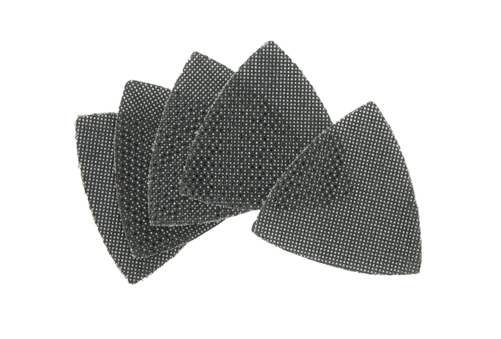 Set of five triangular DEWALT sanding sheets, black mesh design, arranged in a fan shape.