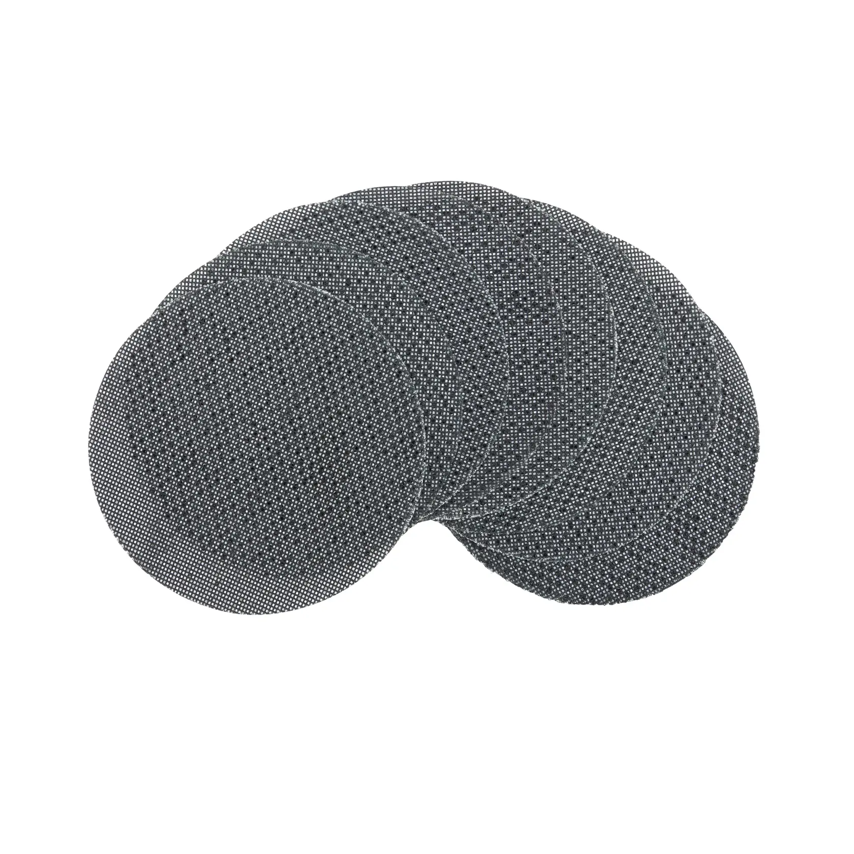 Set of round mesh sanding discs in dark color, displayed overlapping on a white background.