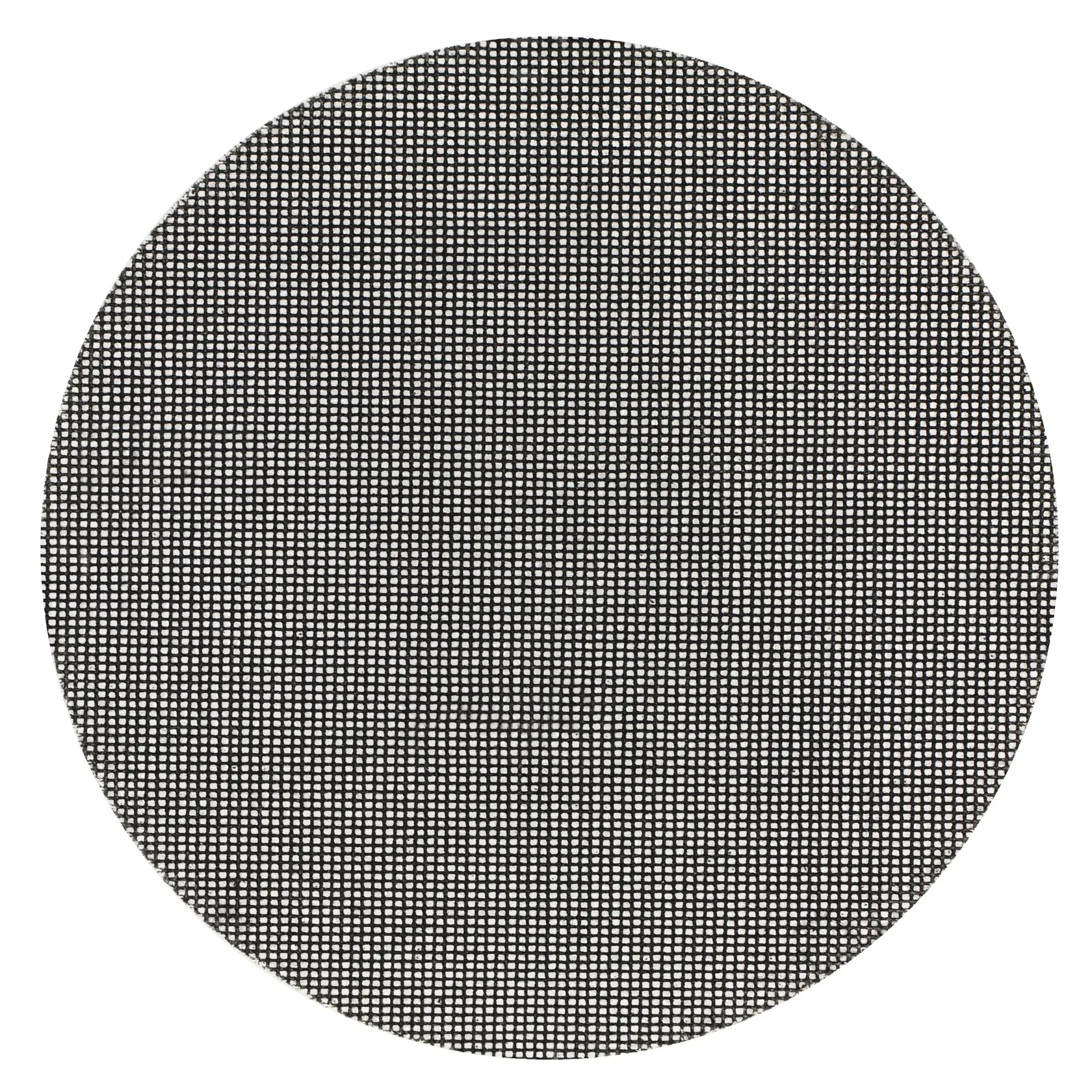 Round black mesh sanding disc with fine grid pattern used for surface finishing and smoothing.