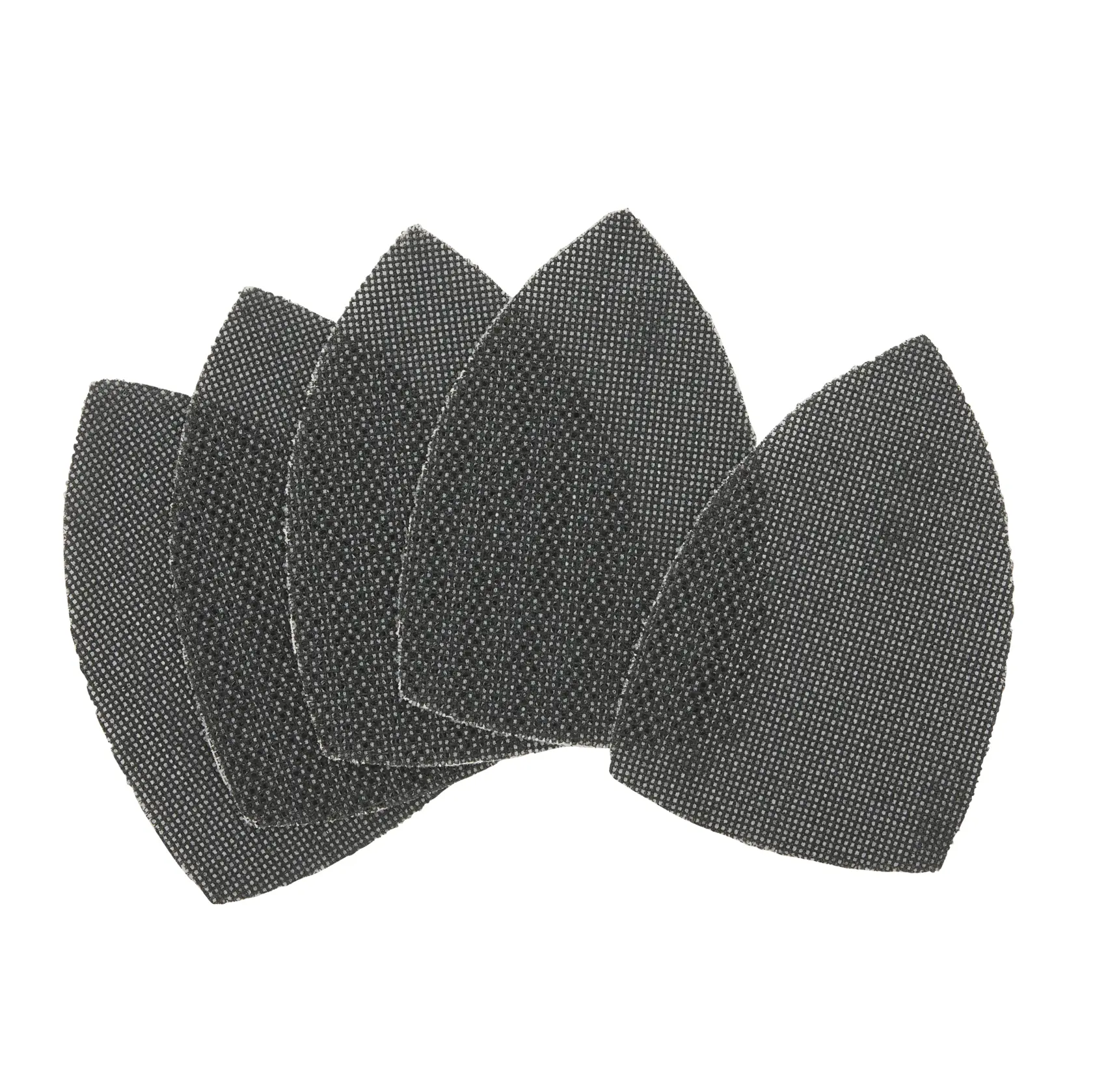 Five black mesh sanding pads arranged in a fan pattern, suitable for use with multi-tool sanders.