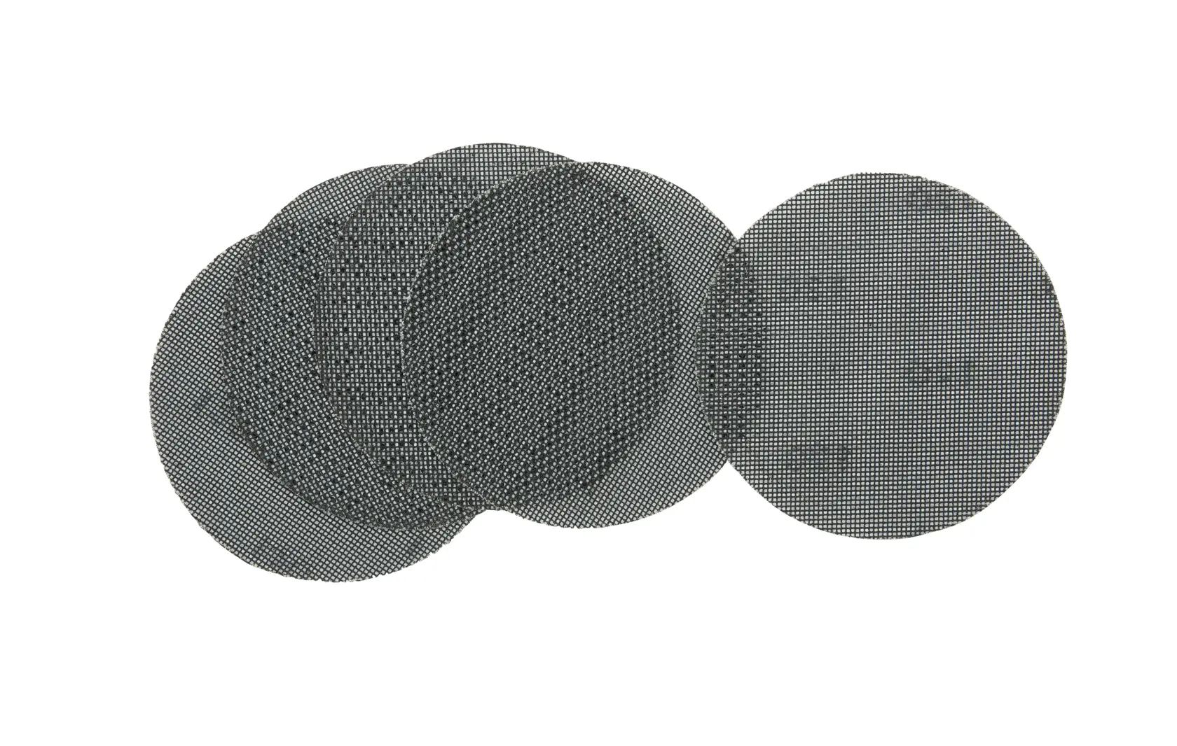 A set of round DEWALT mesh sanding discs arranged overlapping, shown against a white background.