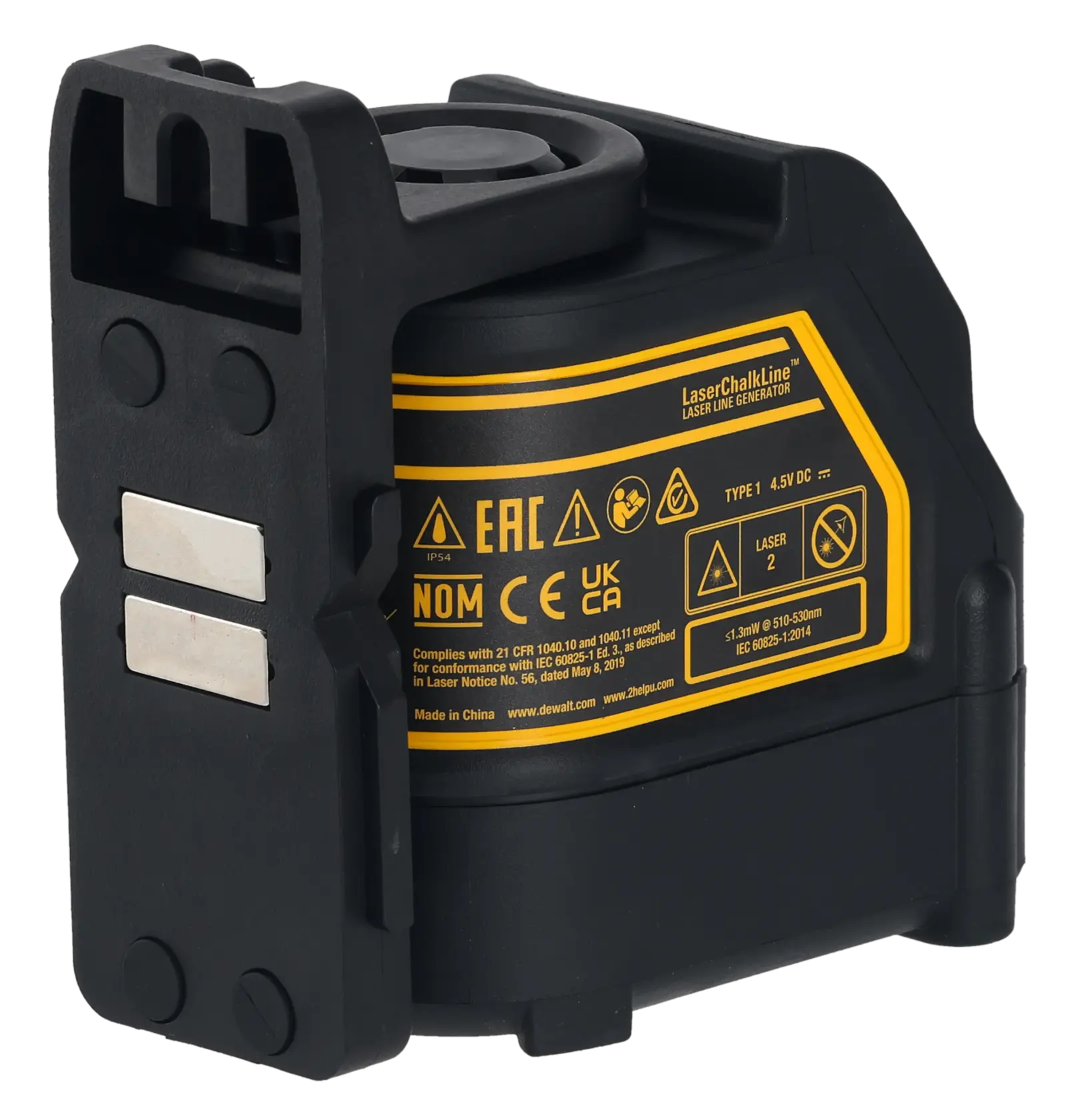 DEWALT DW088CG green cross line laser level, compact with a black and yellow design, used for precise leveling tasks.