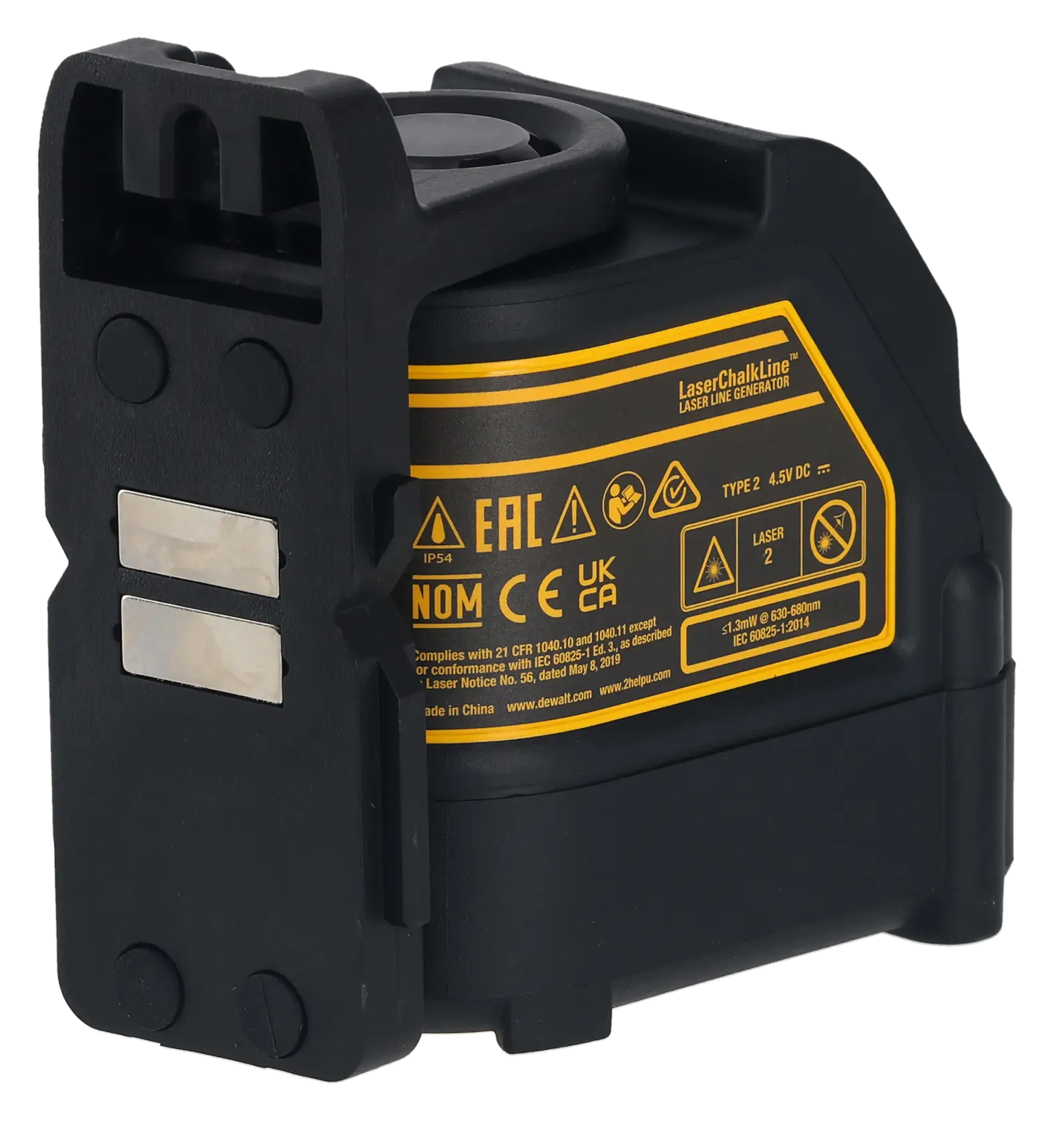 DEWALT DW088K laser line generator shown in black with yellow labels and safety information.