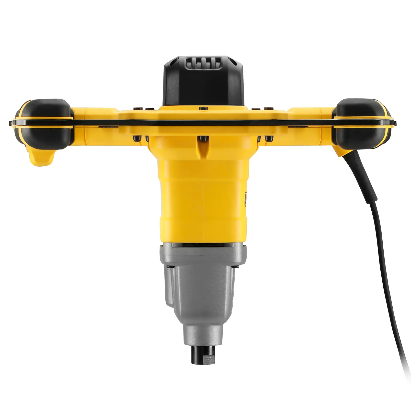 DEWALT DWD241 yellow electric mixer drill with dual handles and cord, shown from the front on a white background.