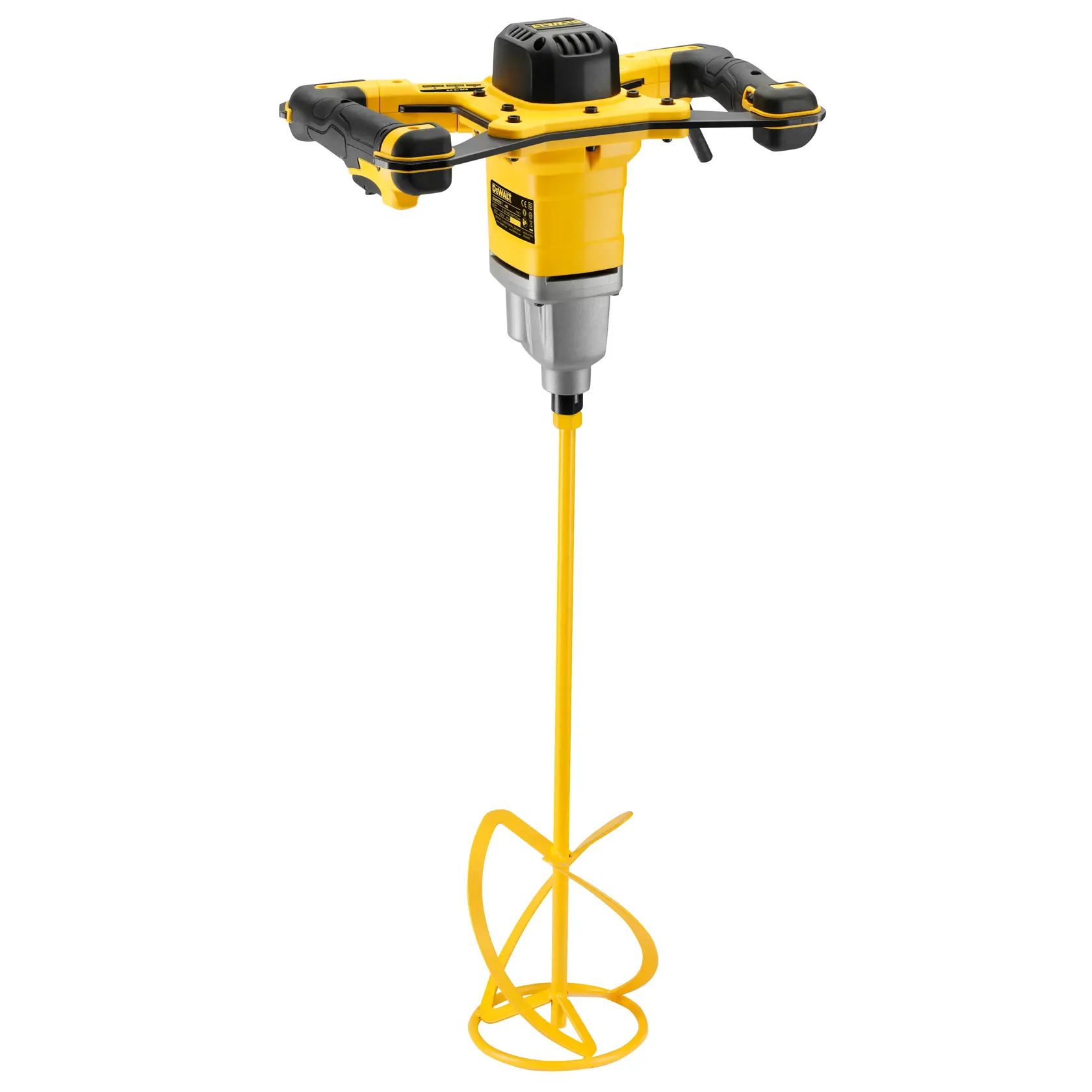DEWALT DWD241 electric mixer with dual handles and long spiral mixing paddle, shown on a white background.