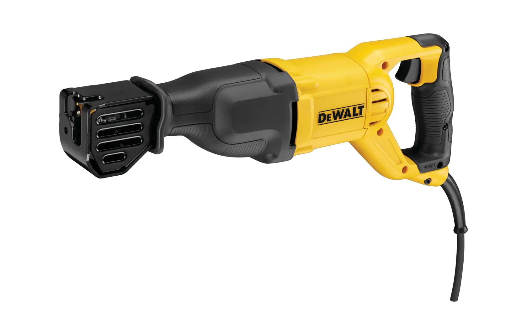 A DEWALT branded yellow and black corded reciprocating saw, model DWE305PK, shown on a white background.