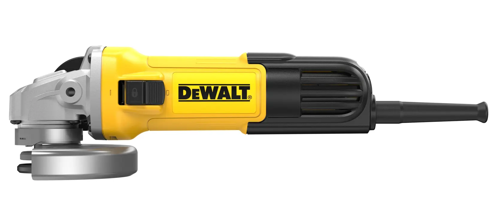 DEWALT DWE4036 yellow and black angle grinder with side handle and power cord, shown on white background.