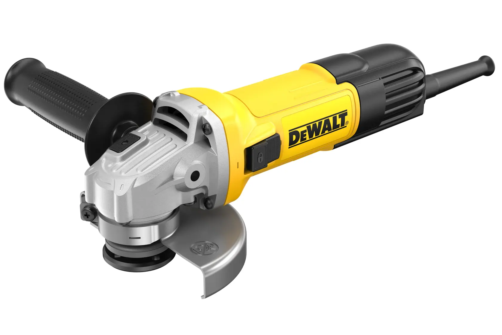 DEWALT yellow and black angle grinder with side handle on a white background.