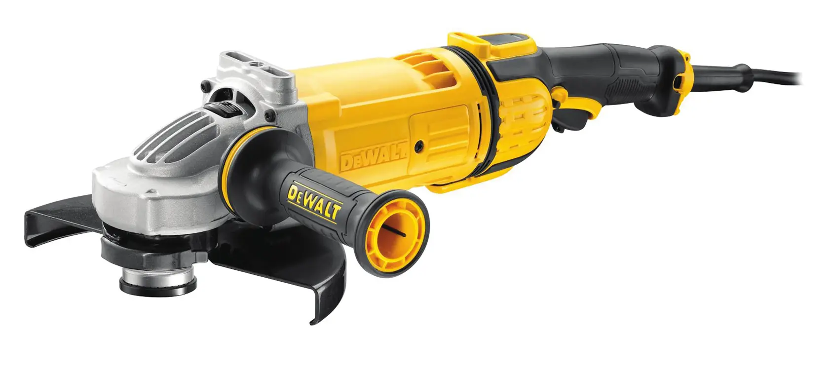 A yellow and black DEWALT electric angle grinder with a side handle and protective guard, model DWE4579, shown on a white background.
