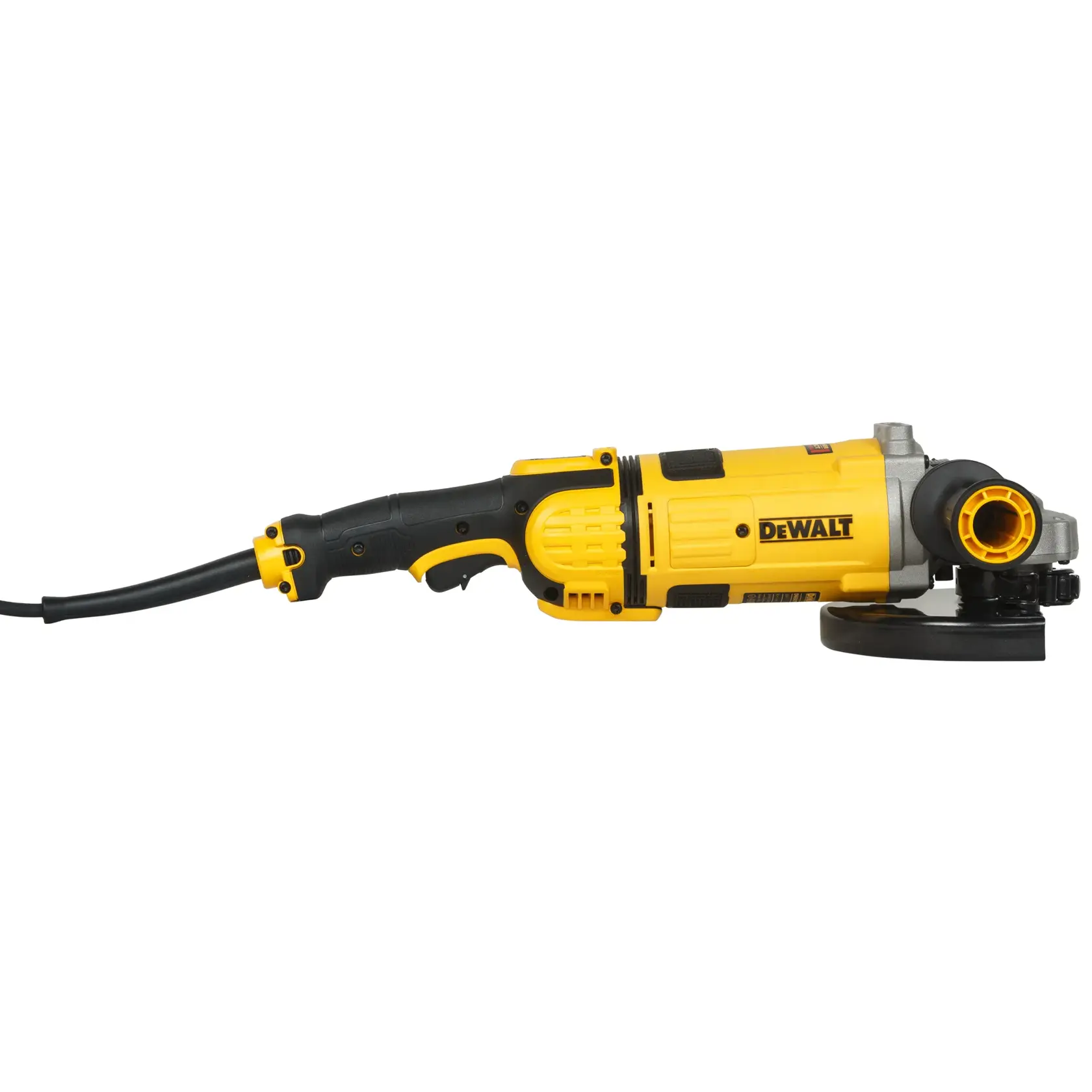 DEWALT yellow and black power angle grinder tool with cord, shown from the side on a white background.